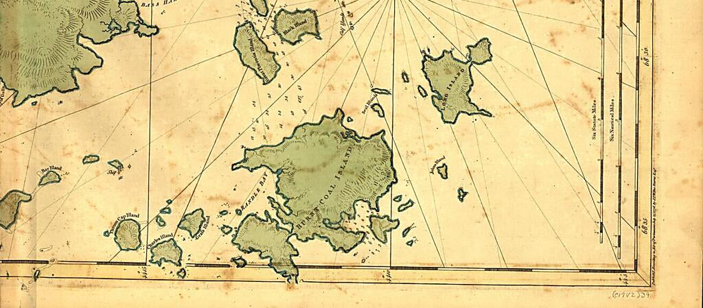 This old map of Mount Desert Island and Neighboring Coast of Maine from 1776 was created by Joseph F. W. (Joseph Frederick Wallet) Des Barres in 1776