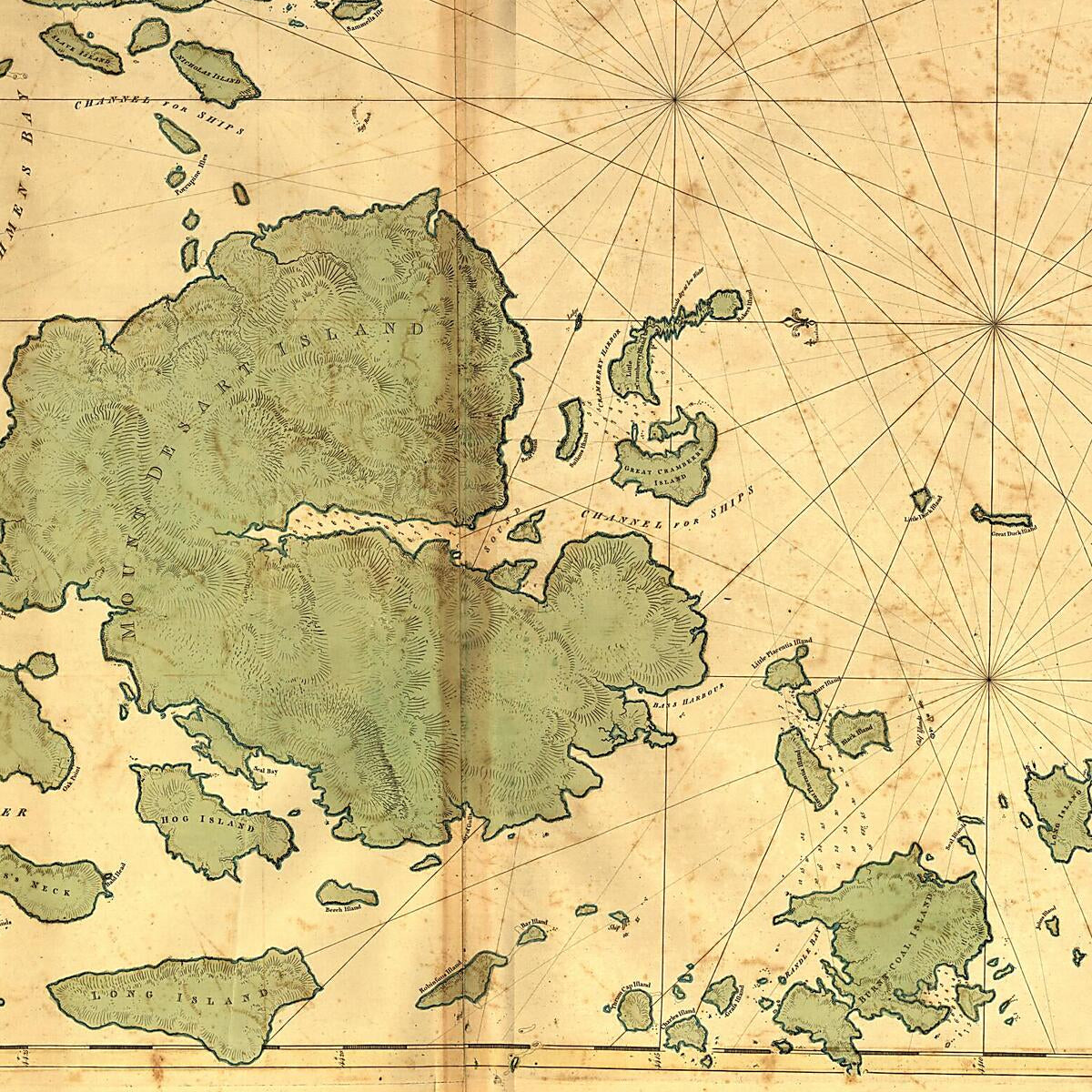This old map of Mount Desert Island and Neighboring Coast of Maine from 1776 was created by Joseph F. W. (Joseph Frederick Wallet) Des Barres in 1776