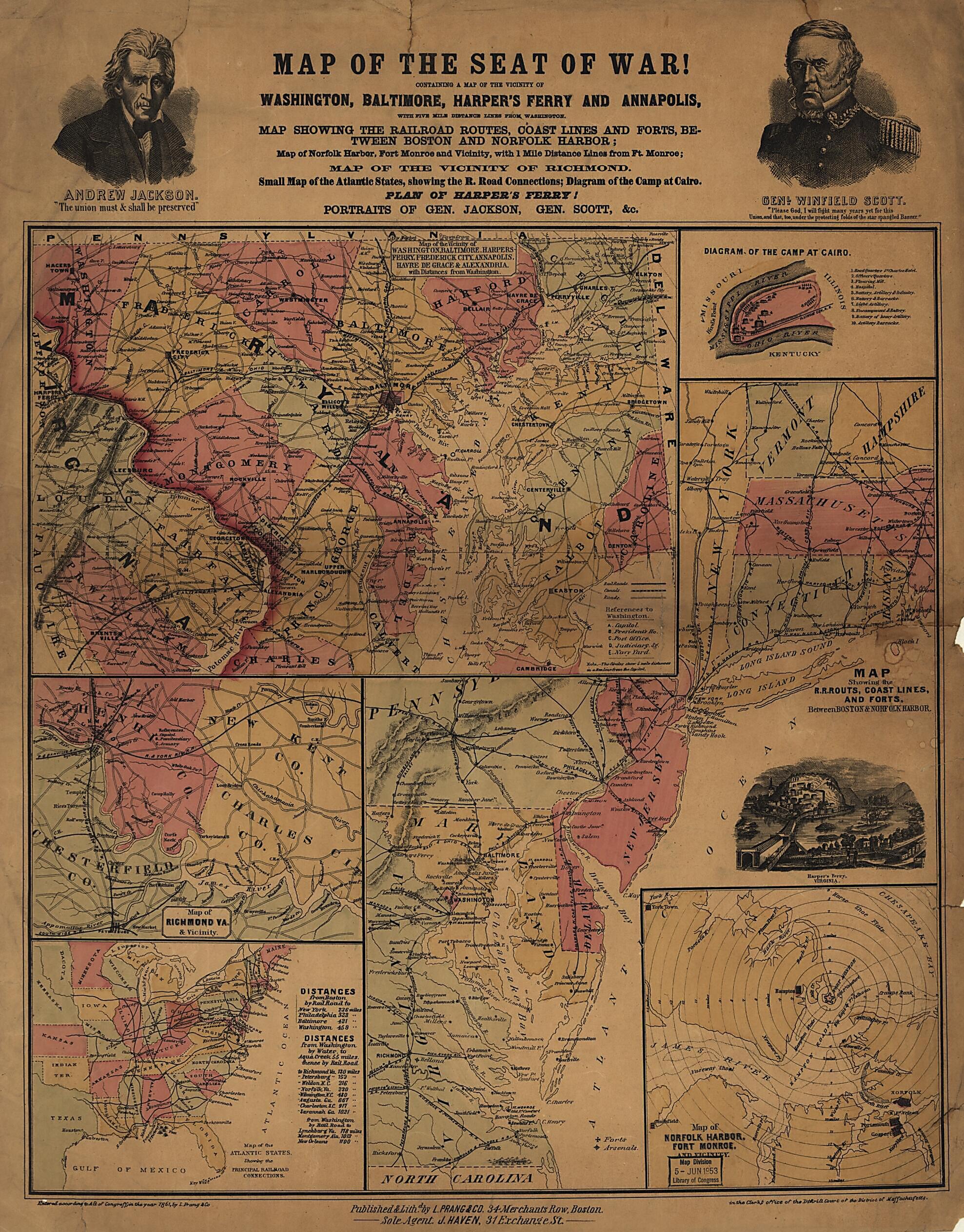 This old map of Map of the Seat of War! from 1861 was created by Louis Prang and Company in 1861