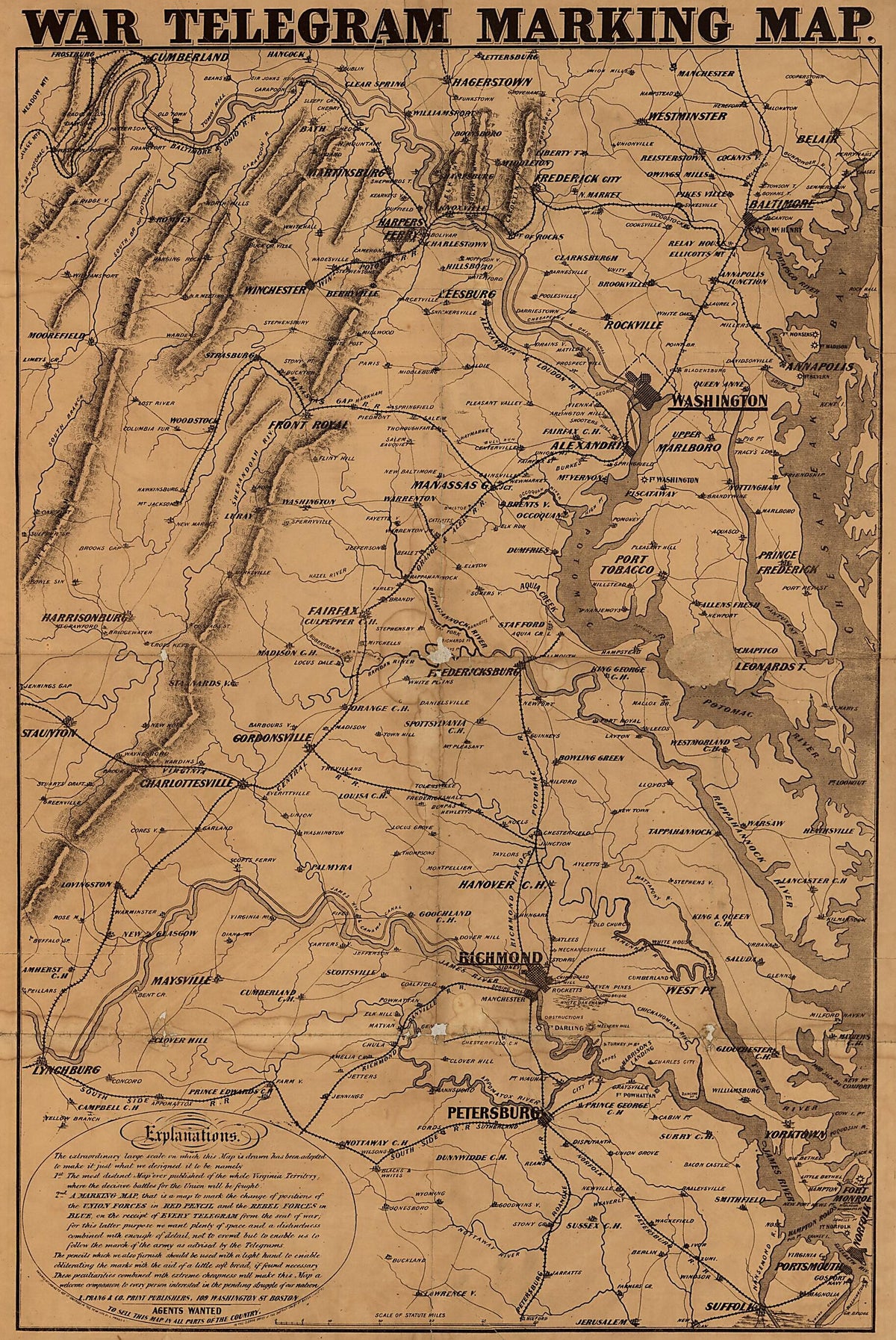War Telegram Marking Map 1862 by Relic Map Company