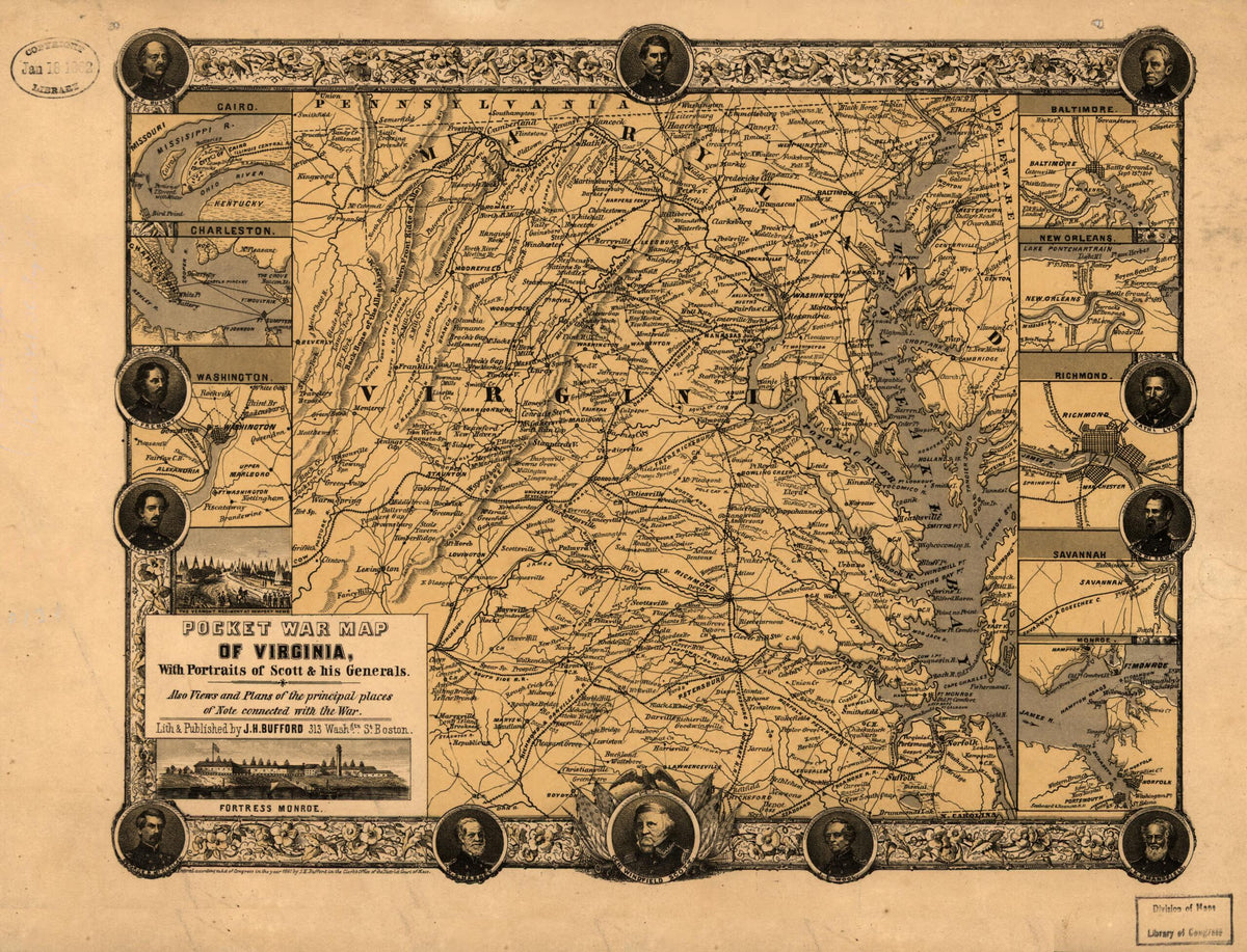 Pocket War Map of Virginia, With Portraits of Scott & His Generals. Also Views and Plans of the Principal Places of Note Connected With the War 1861 by Relic Map Company