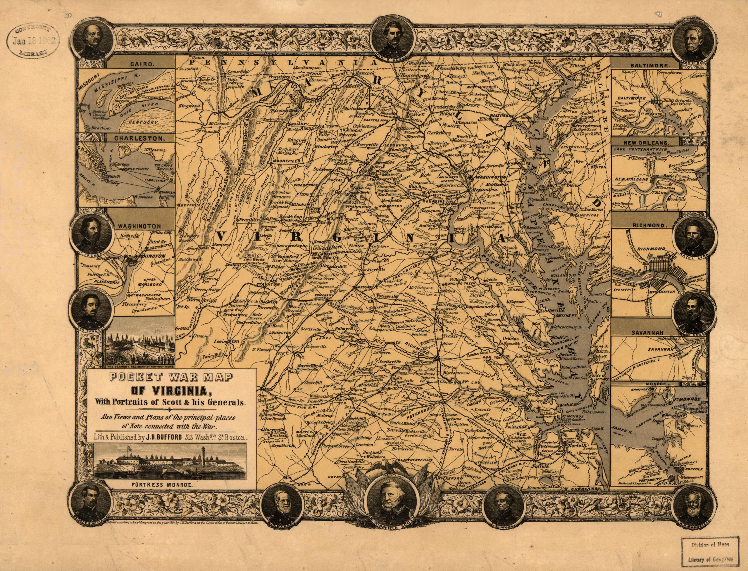 This old map of Pocket War Map of Virginia, With Portraits of Scott & His Generals. Also Views and Plans of the Principal Places of Note Connected With the War from 1861 was created by John Henry Bufford in 1861