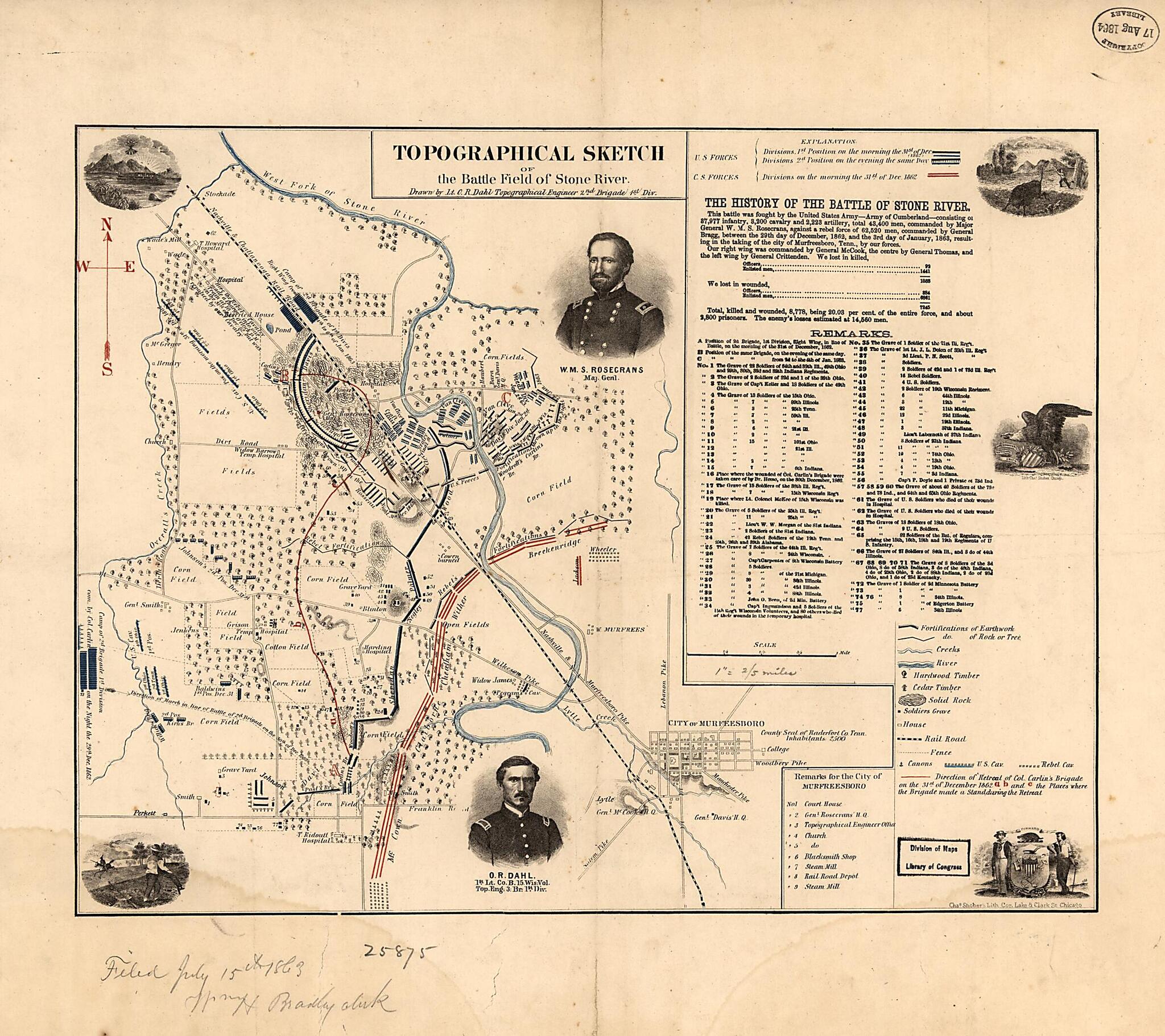 This old map of Topographical Sketch of the Battle Field of Stone River. Dec. 31, from 1862 was created by O. R. (Ole Rasmussen) Dahl in 1862