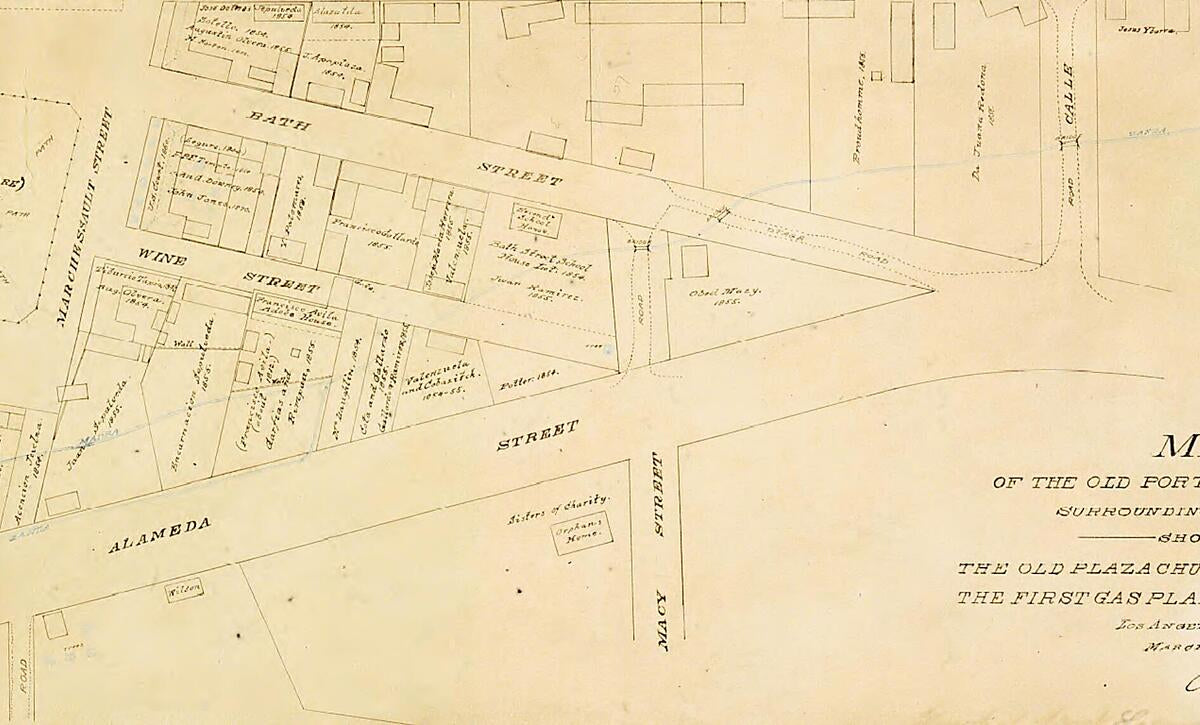 This old map of Map of the Old Portion of the City Surrounding the Plaza, Showing the Old Plaza Church, Public Square, the First Gas Plant and Adobe Buildings, Los Angeles City from 03-12 was created by A. G. Ruxton in 03-12