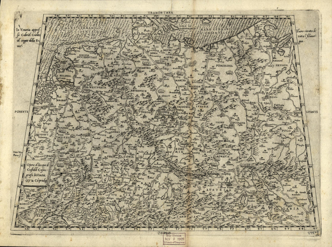 This old map of Germany, 1552 from Geografia Tavole Moderne Di Geografia. from 1575 was created by Antoine Lafréry in 1575