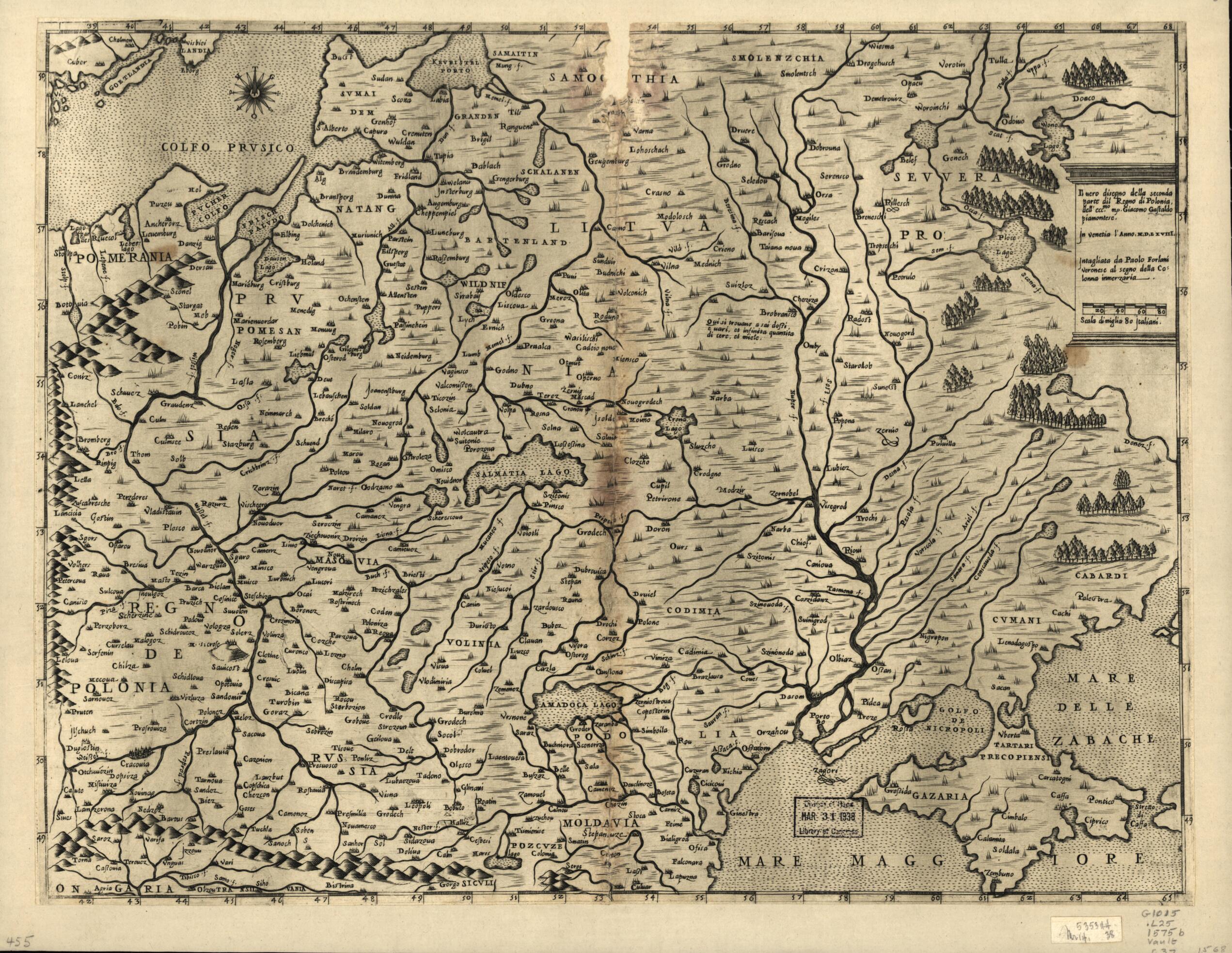 This old map of Poland, 1568 from Geografia Tavole Moderne Di Geografia. from 1575 was created by Antoine Lafréry in 1575