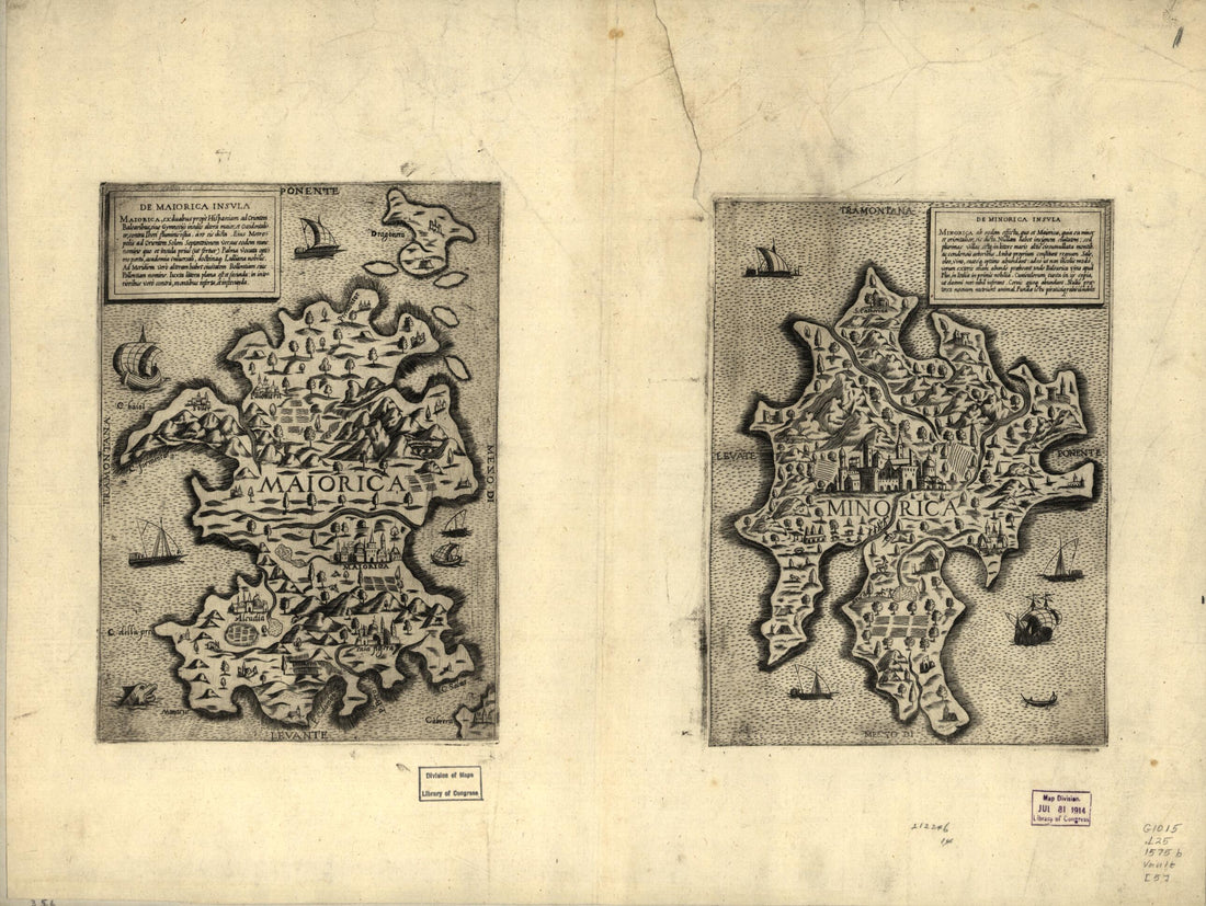 This old map of Majorca, Spain; Minorca, Spain from Geografia Tavole Moderne Di Geografia. from 1575 was created by Antoine Lafréry in 1575