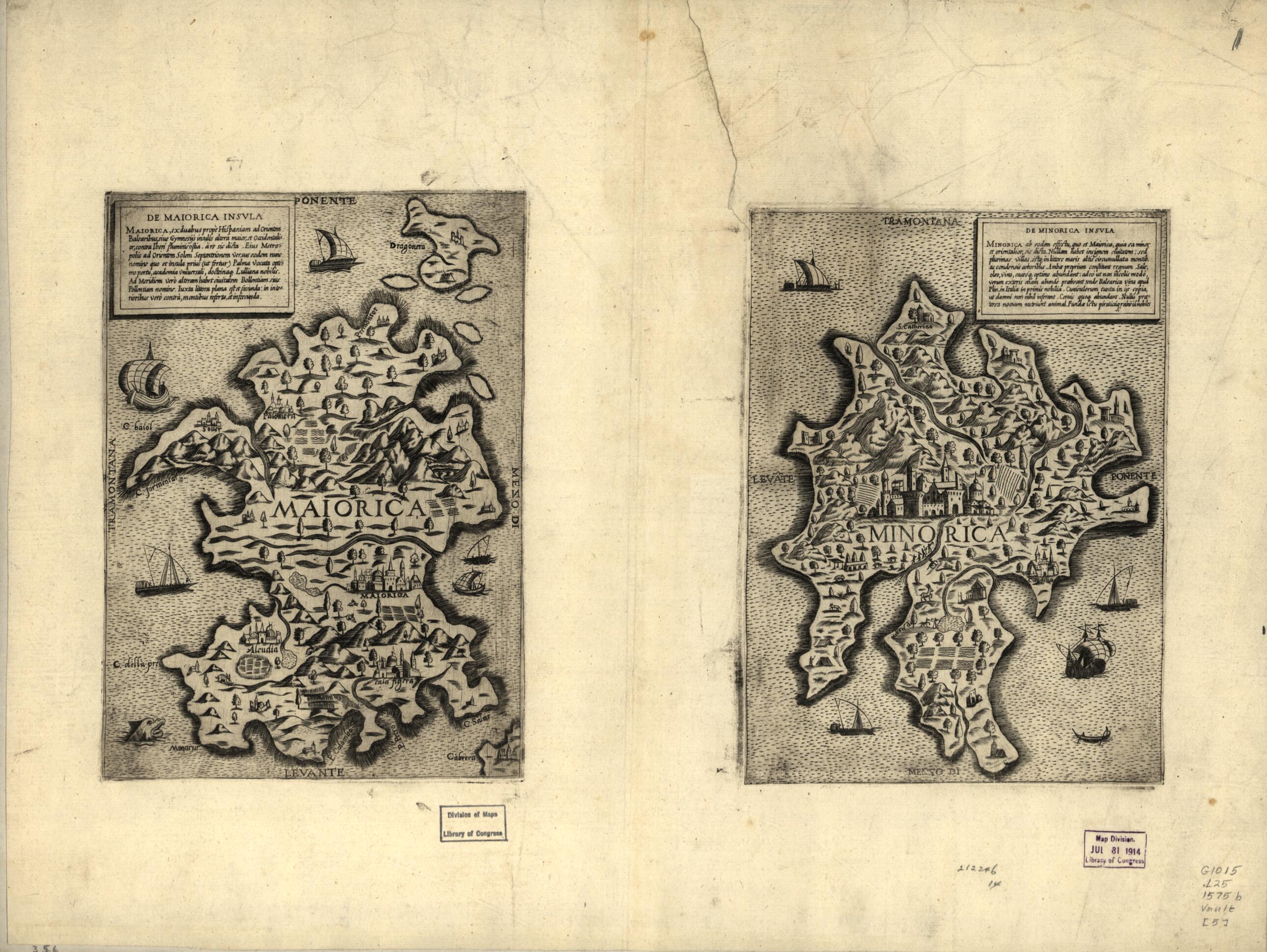 This old map of Majorca, Spain; Minorca, Spain from Geografia Tavole Moderne Di Geografia. from 1575 was created by Antoine Lafréry in 1575