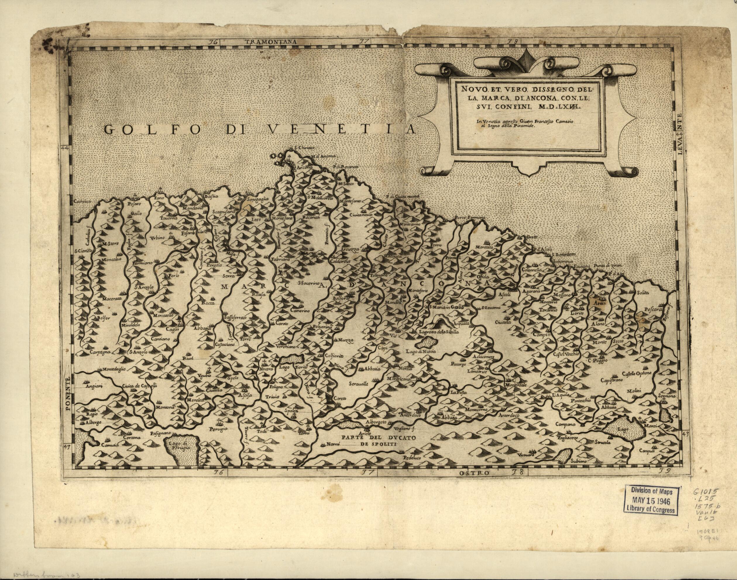 This old map of Ancona, Italy from Geografia Tavole Moderne Di Geografia. from 1575 was created by Antoine Lafréry in 1575