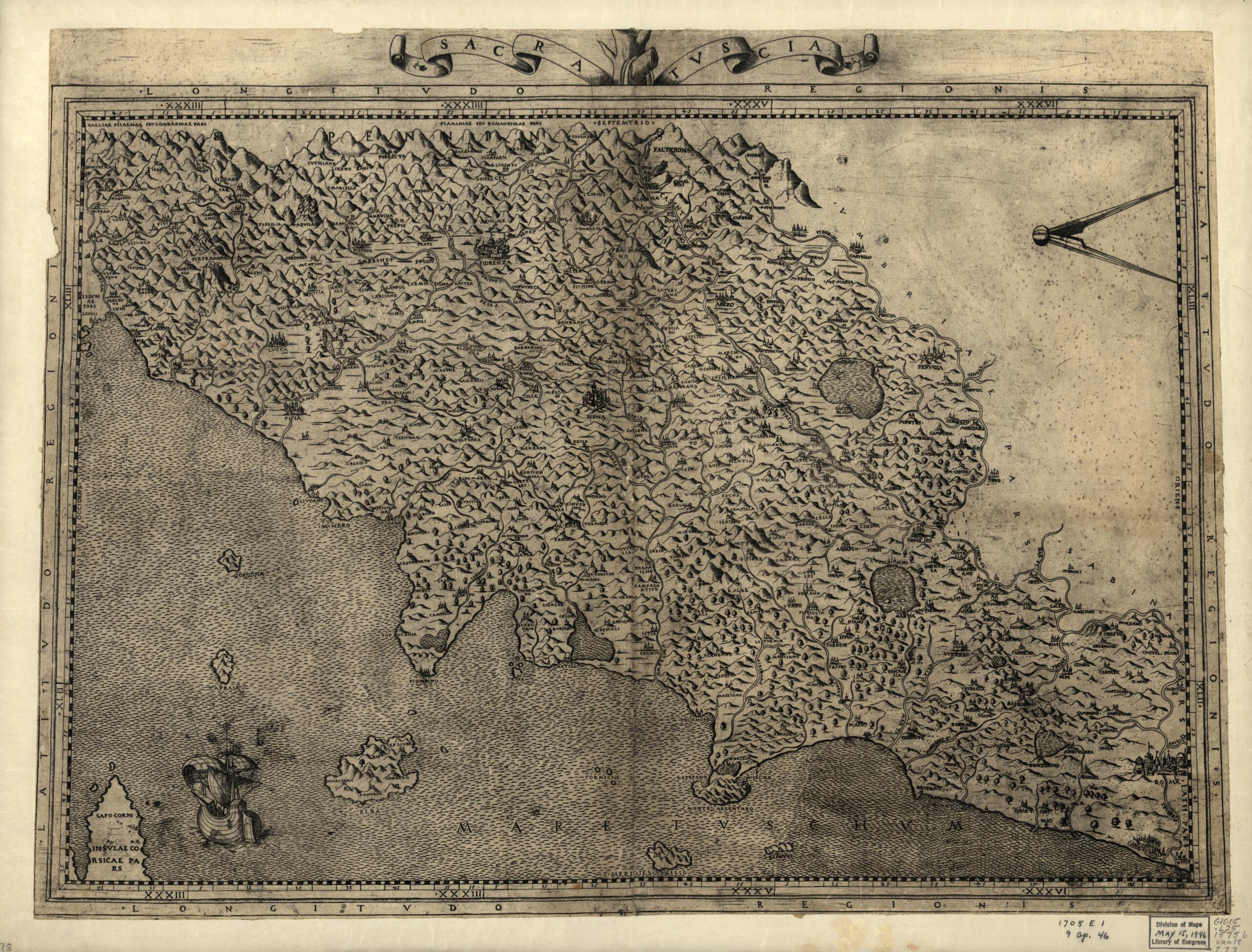 This old map of Tuscany, Italy from Geografia Tavole Moderne Di Geografia. from 1575 was created by Antoine Lafréry in 1575