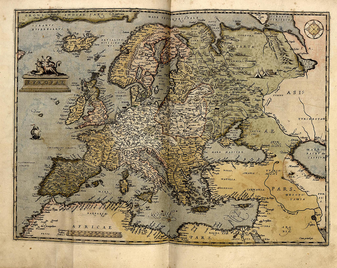 This old map of Evropa from Theatrum Orbis Terrarum from 1570 was created by Abraham Ortelius in 1570