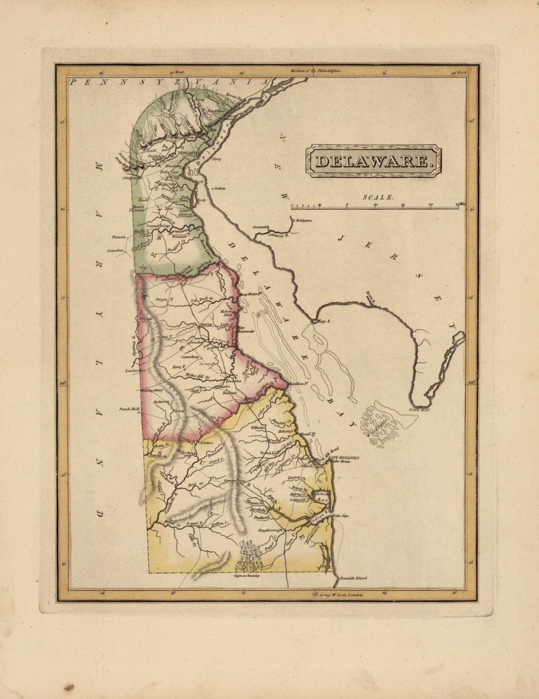 This old map of Delaware from a New and Elegant General Atlas, Containing Maps of Each of the United States from 1817 was created by Henry Schenck Tanner in 1817