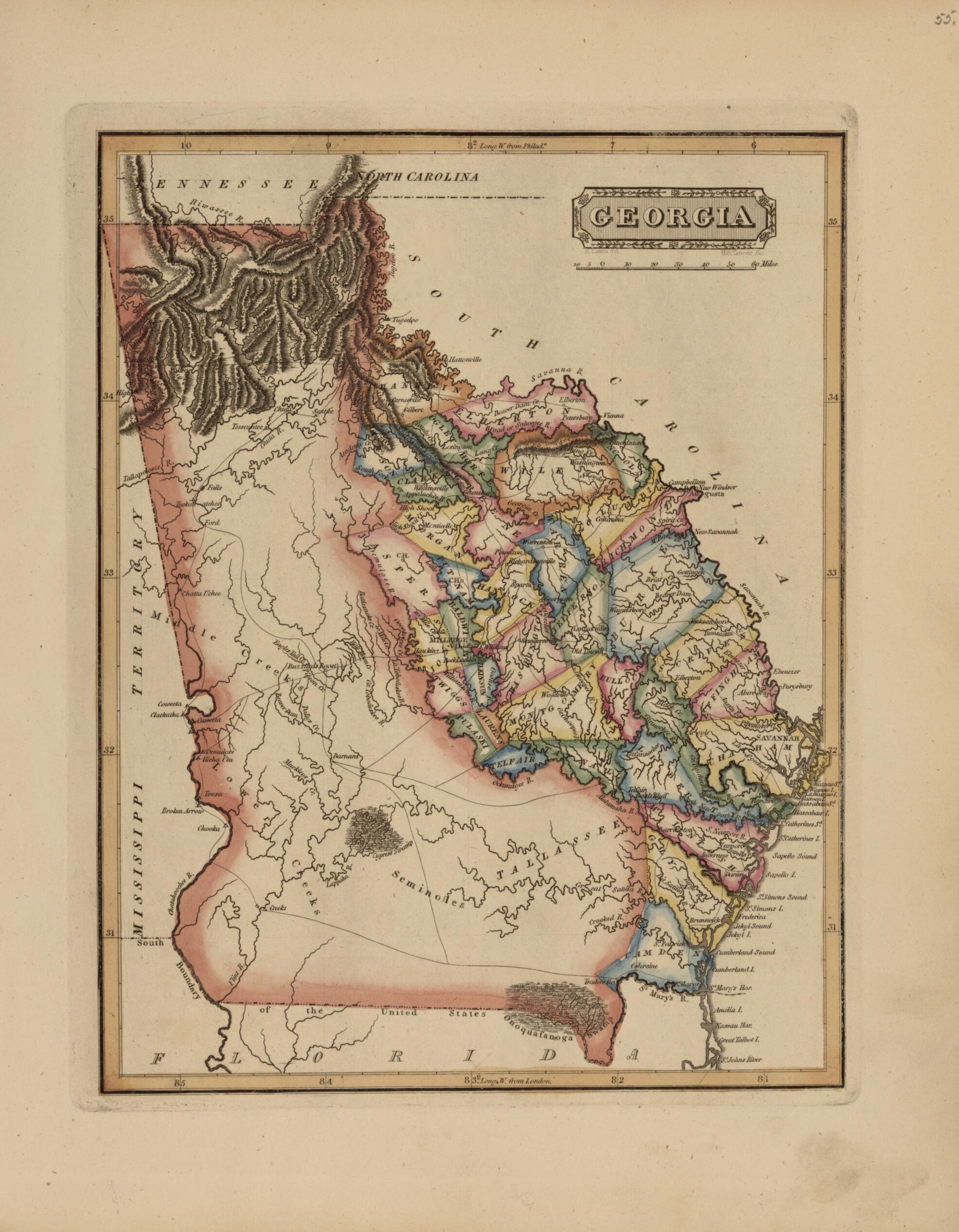 This old map of Georgia from a New and Elegant General Atlas, Containing Maps of Each of the United States from 1817 was created by Henry Schenck Tanner in 1817