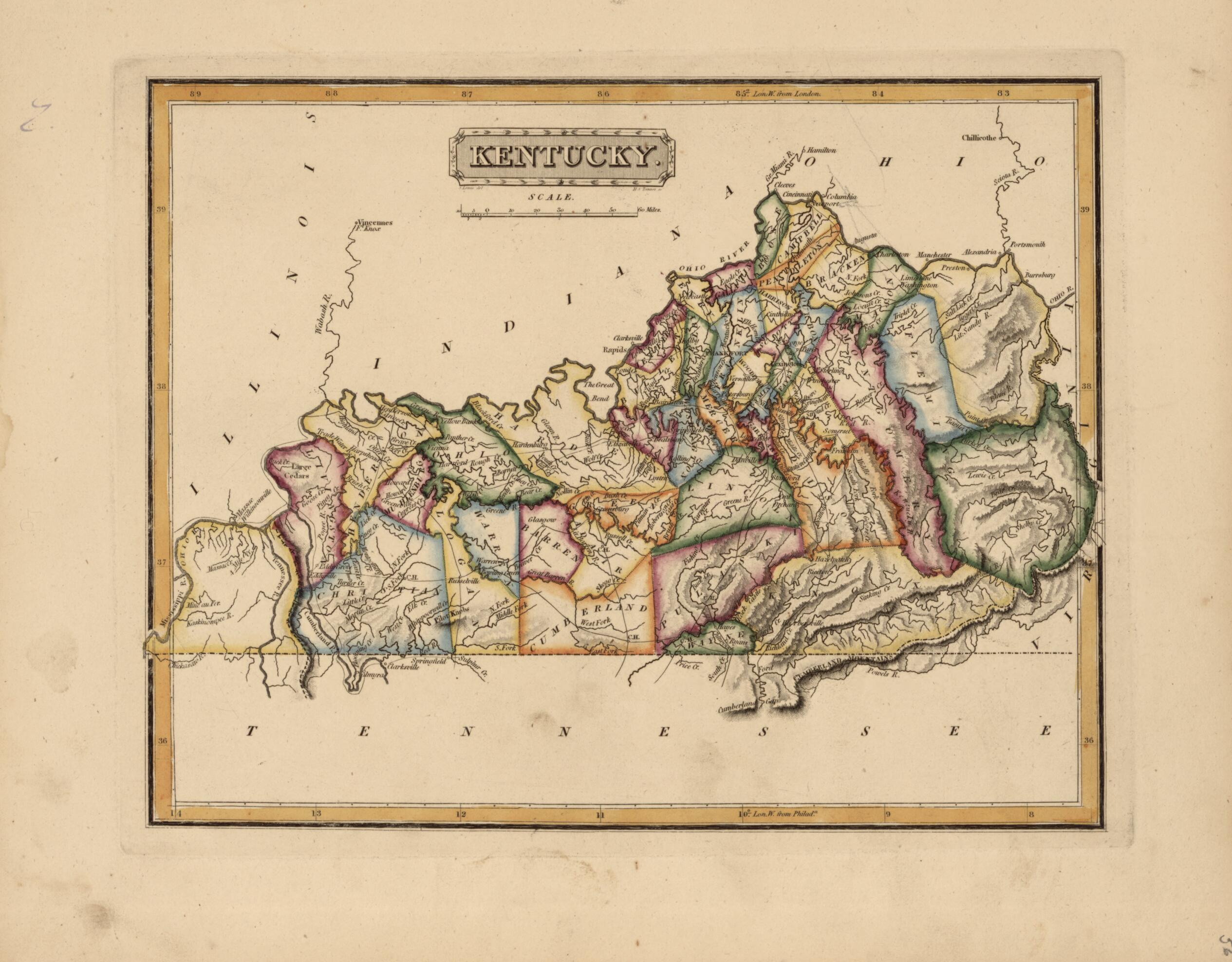 This old map of Kentucky from a New and Elegant General Atlas, Containing Maps of Each of the United States from 1817 was created by Henry Schenck Tanner in 1817