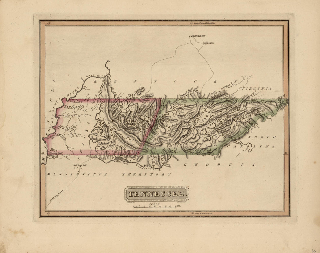 This old map of Tennessee from a New and Elegant General Atlas, Containing Maps of Each of the United States from 1817 was created by Henry Schenck Tanner in 1817