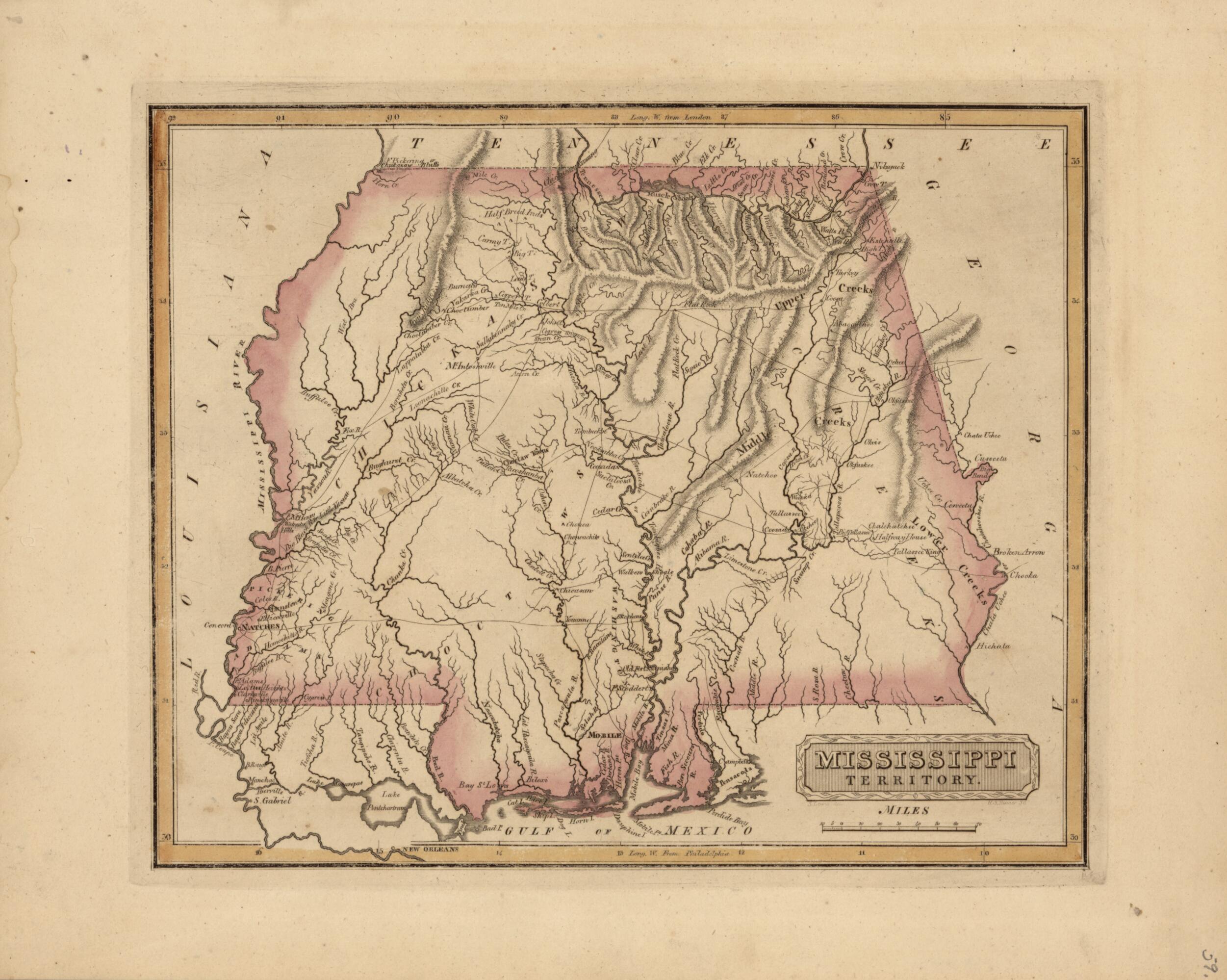 This old map of Mississippi Territory from a New and Elegant General Atlas, Containing Maps of Each of the United States from 1817 was created by Henry Schenck Tanner in 1817