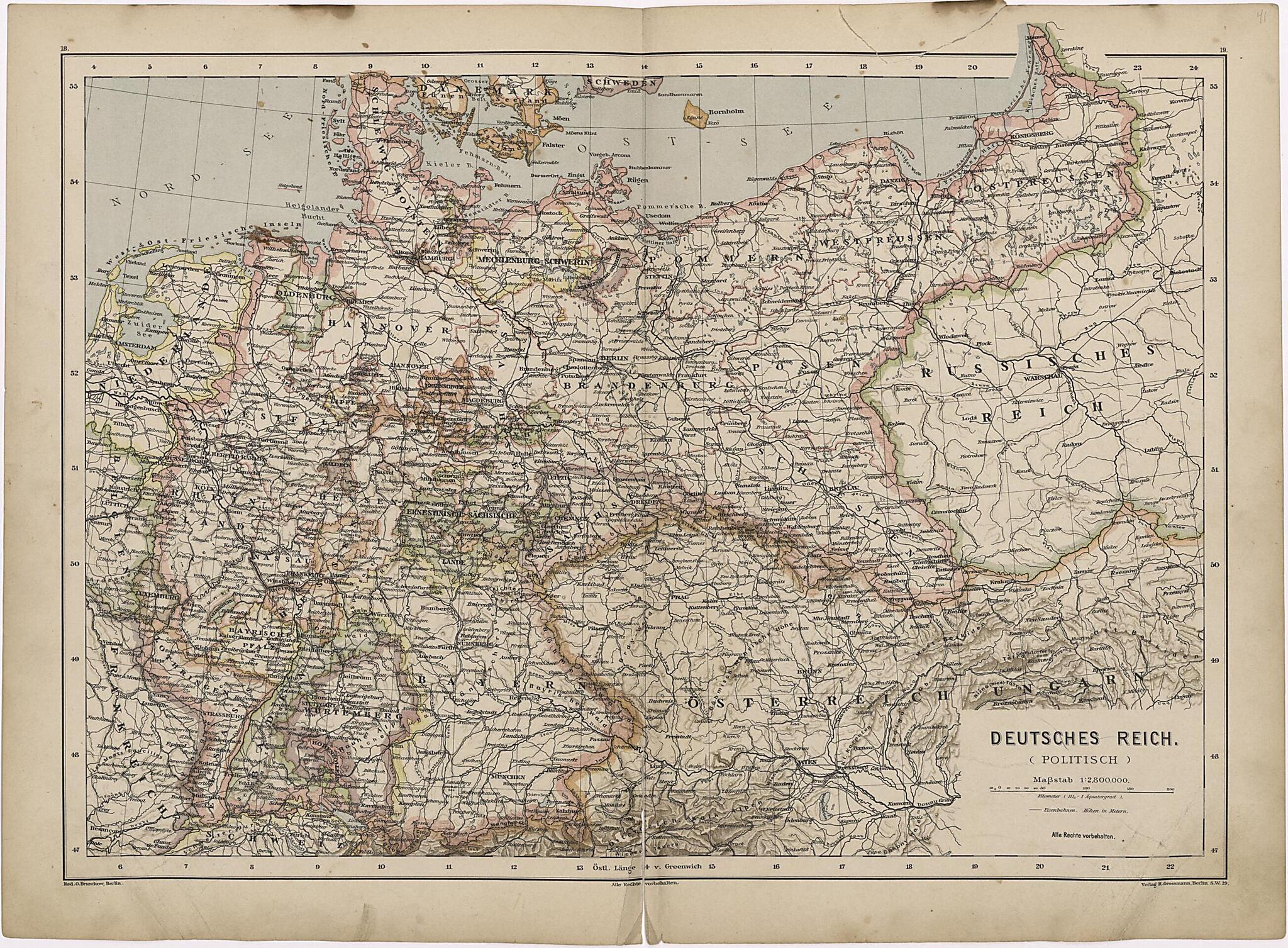 This old map of Deutsches Reich from Neuer Grosser Hand-Atlas from 1894 was created by Verlag Von R. Grossmann in 1894