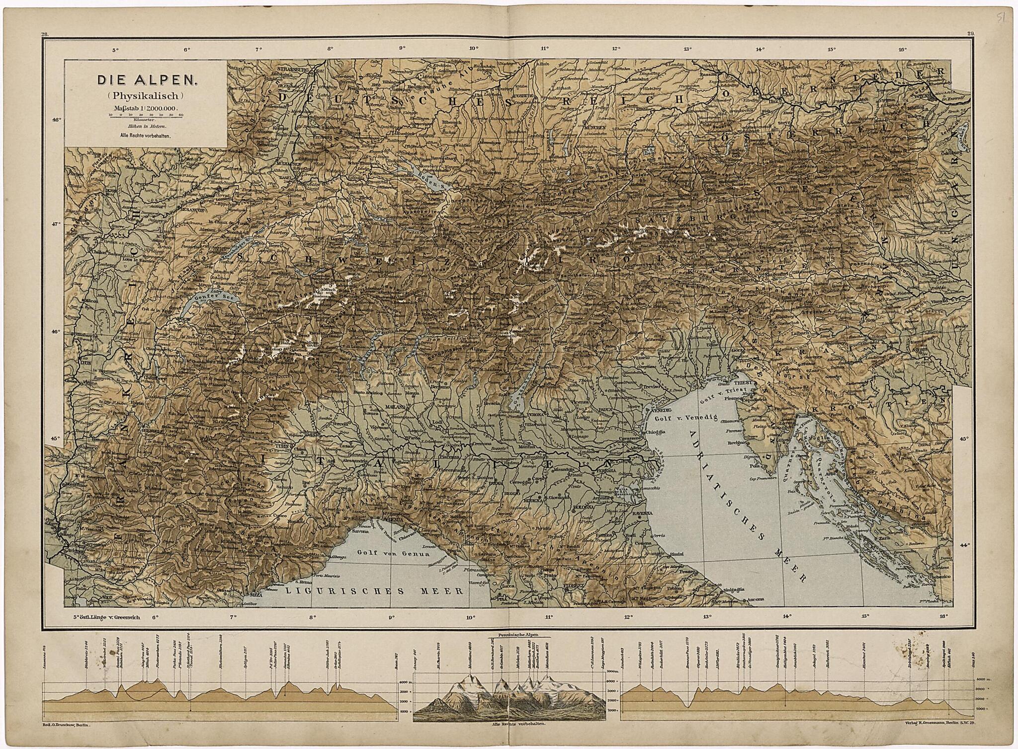 This old map of Die Alpen from Neuer Grosser Hand-Atlas from 1894 was created by Verlag Von R. Grossmann in 1894