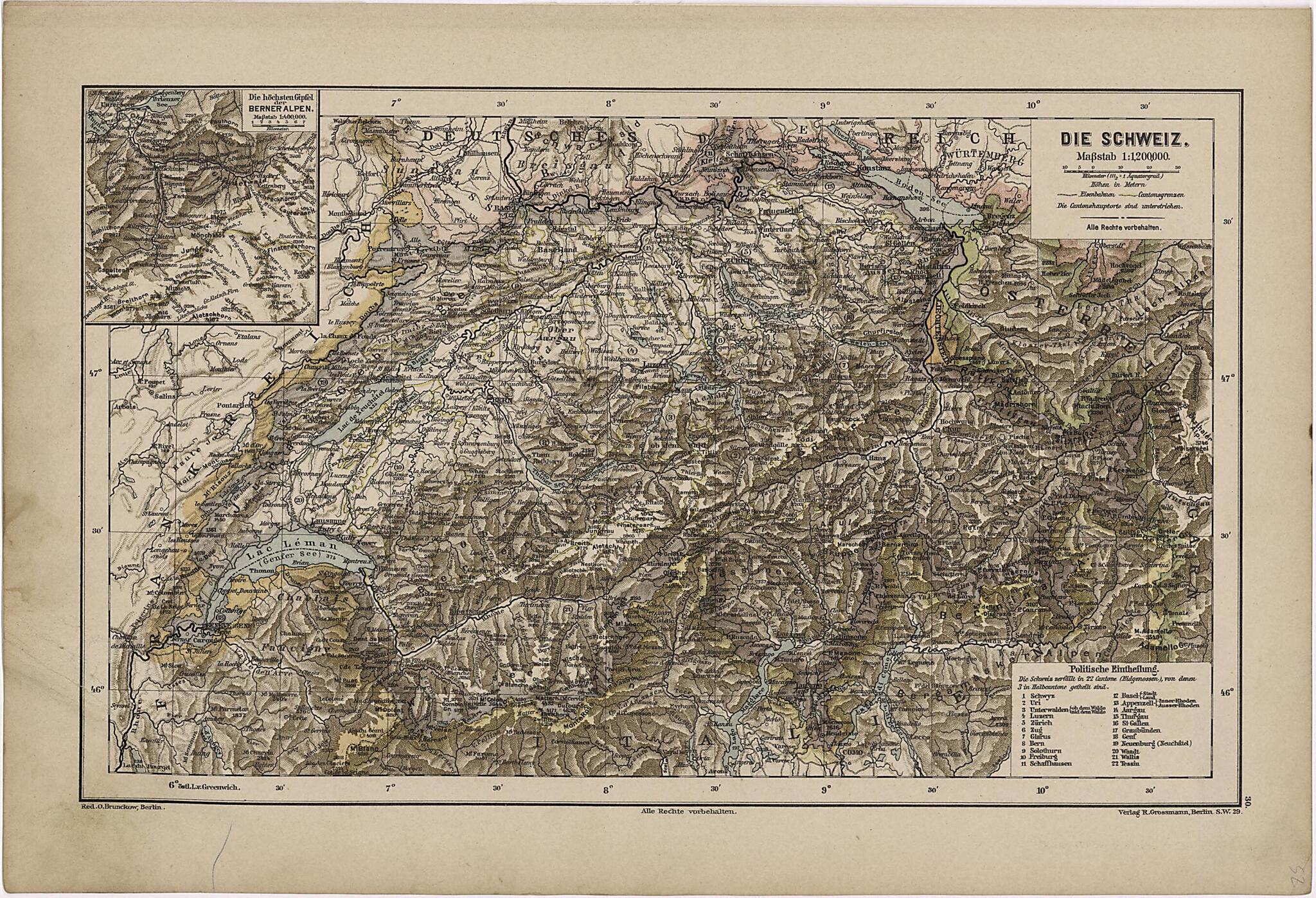 This old map of Die Schweiz from Neuer Grosser Hand-Atlas from 1894 was created by Verlag Von R. Grossmann in 1894