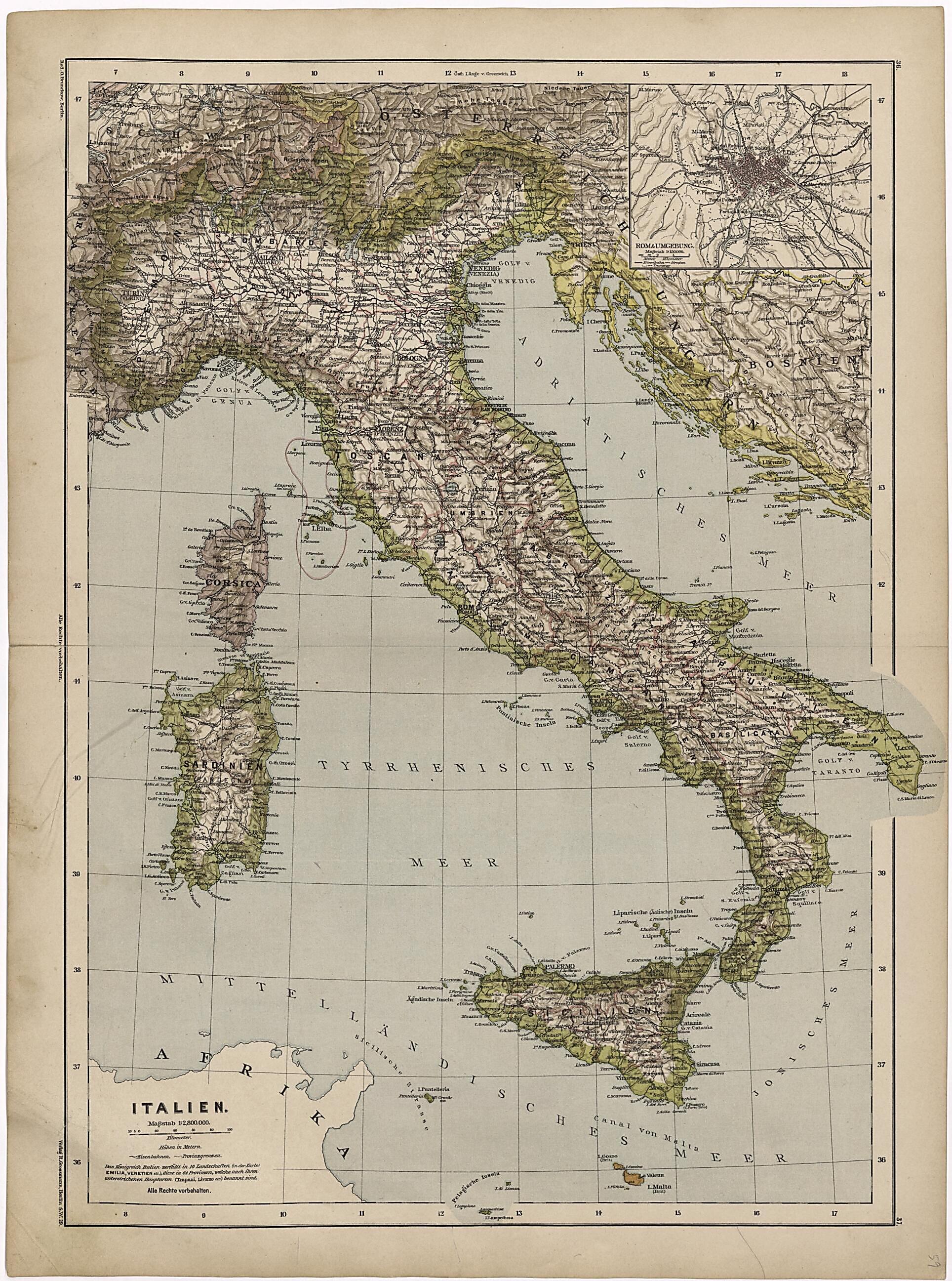 This old map of Italien from Neuer Grosser Hand-Atlas from 1894 was created by Verlag Von R. Grossmann in 1894