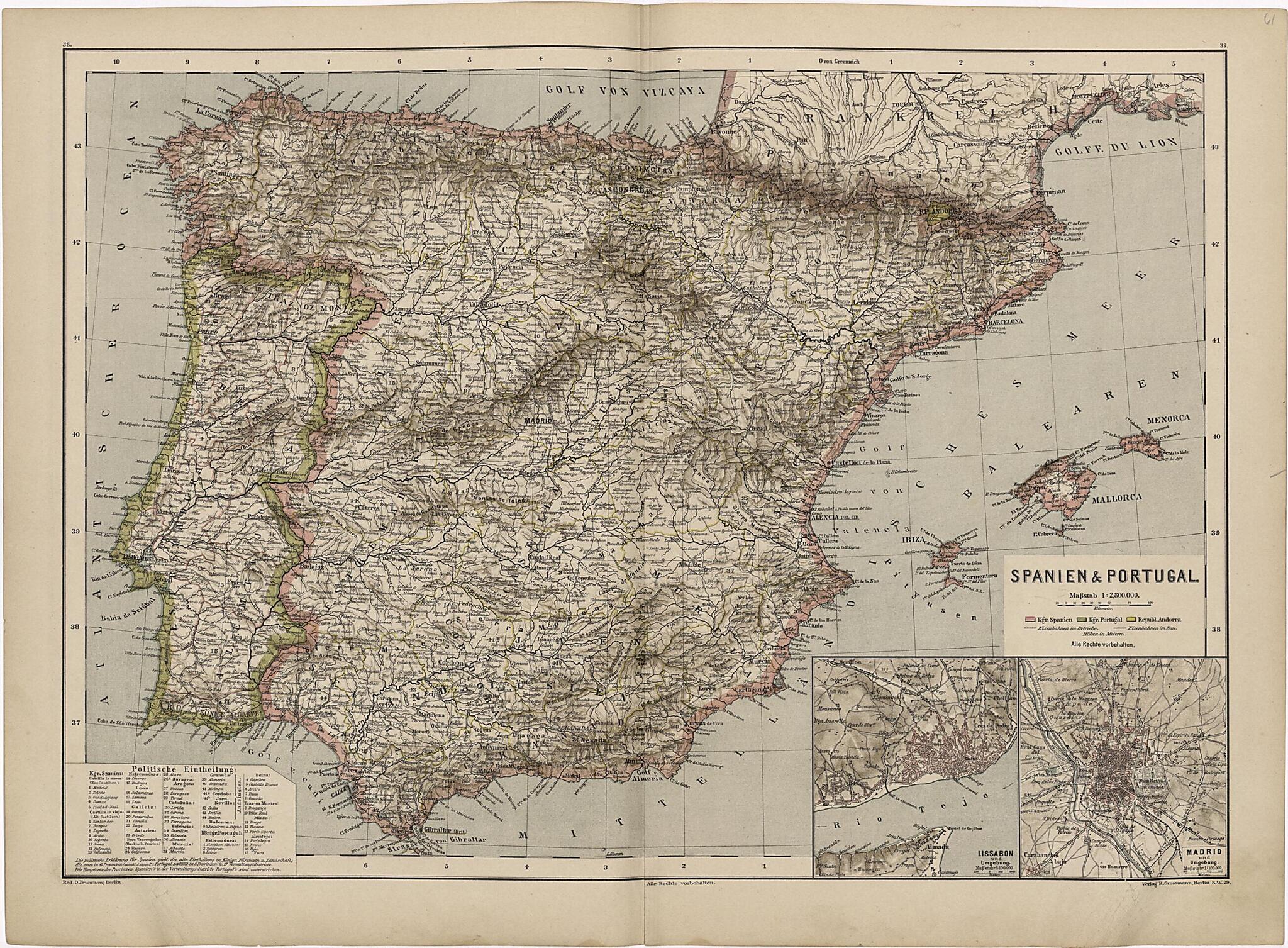 This old map of Spanien & Portugal from Neuer Grosser Hand-Atlas from 1894 was created by Verlag Von R. Grossmann in 1894
