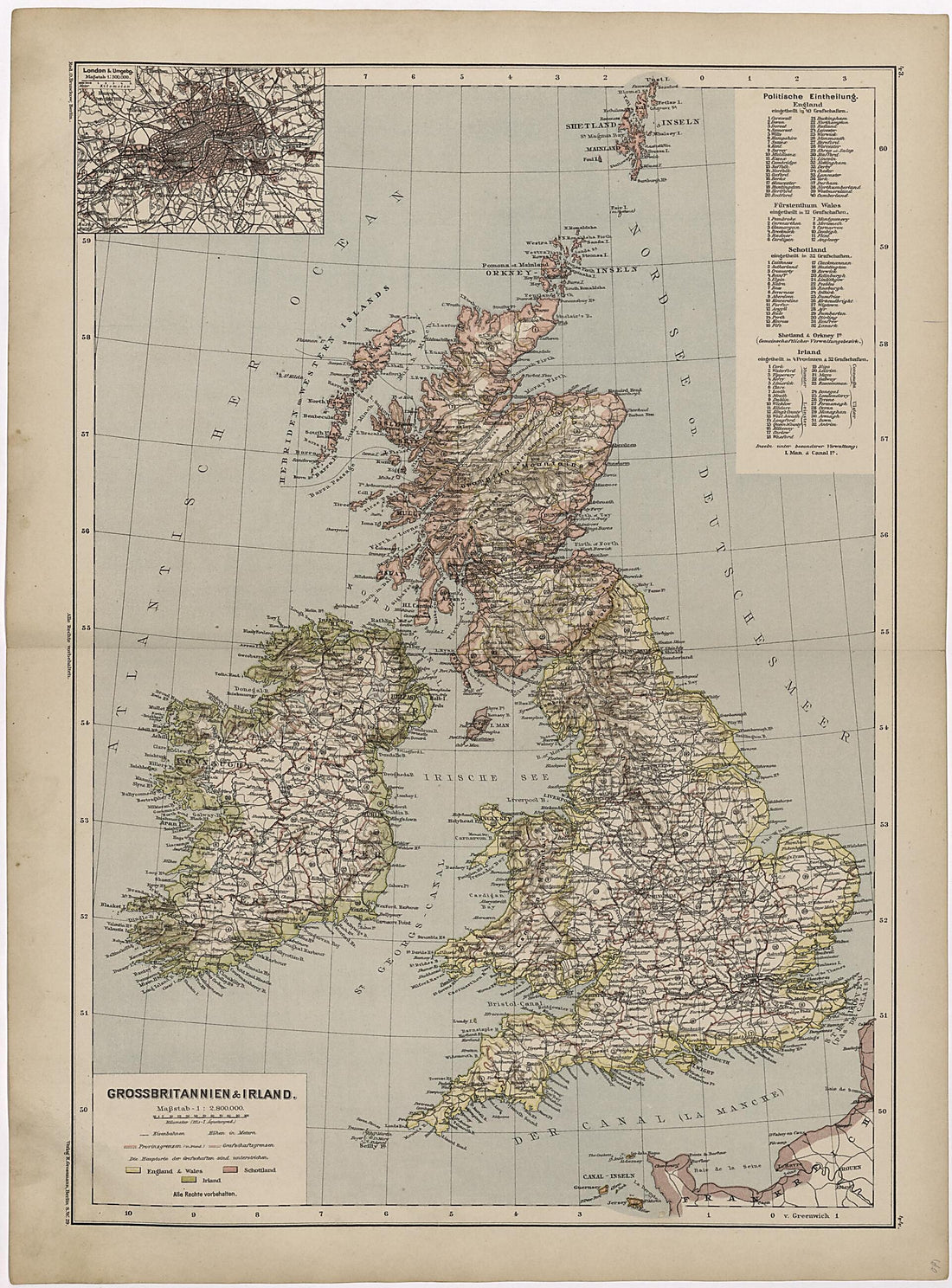 This old map of Grossbritannien & Irland from Neuer Grosser Hand-Atlas from 1894 was created by Verlag Von R. Grossmann in 1894