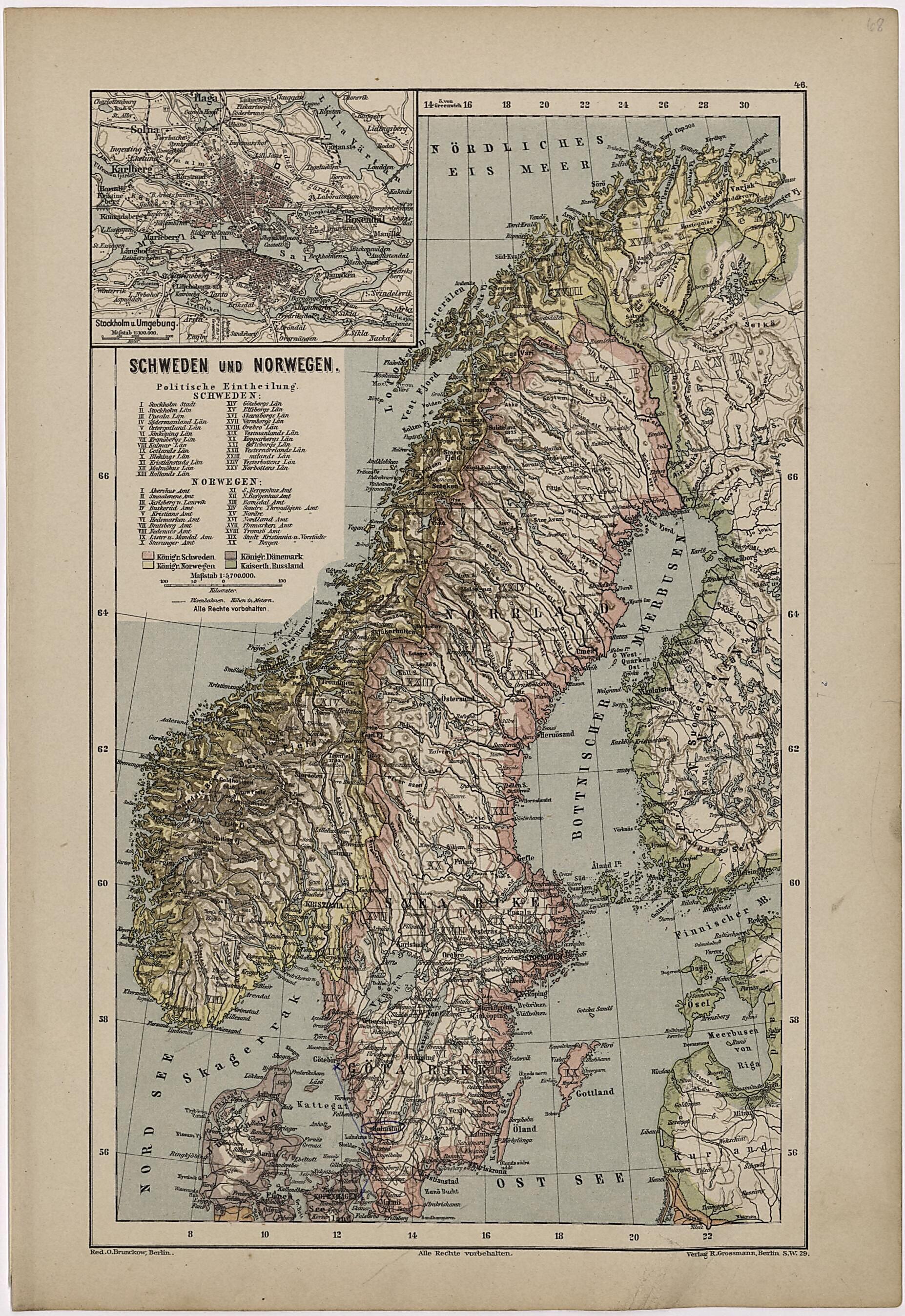 This old map of Schweden Und Norwegen from Neuer Grosser Hand-Atlas from 1894 was created by Verlag Von R. Grossmann in 1894