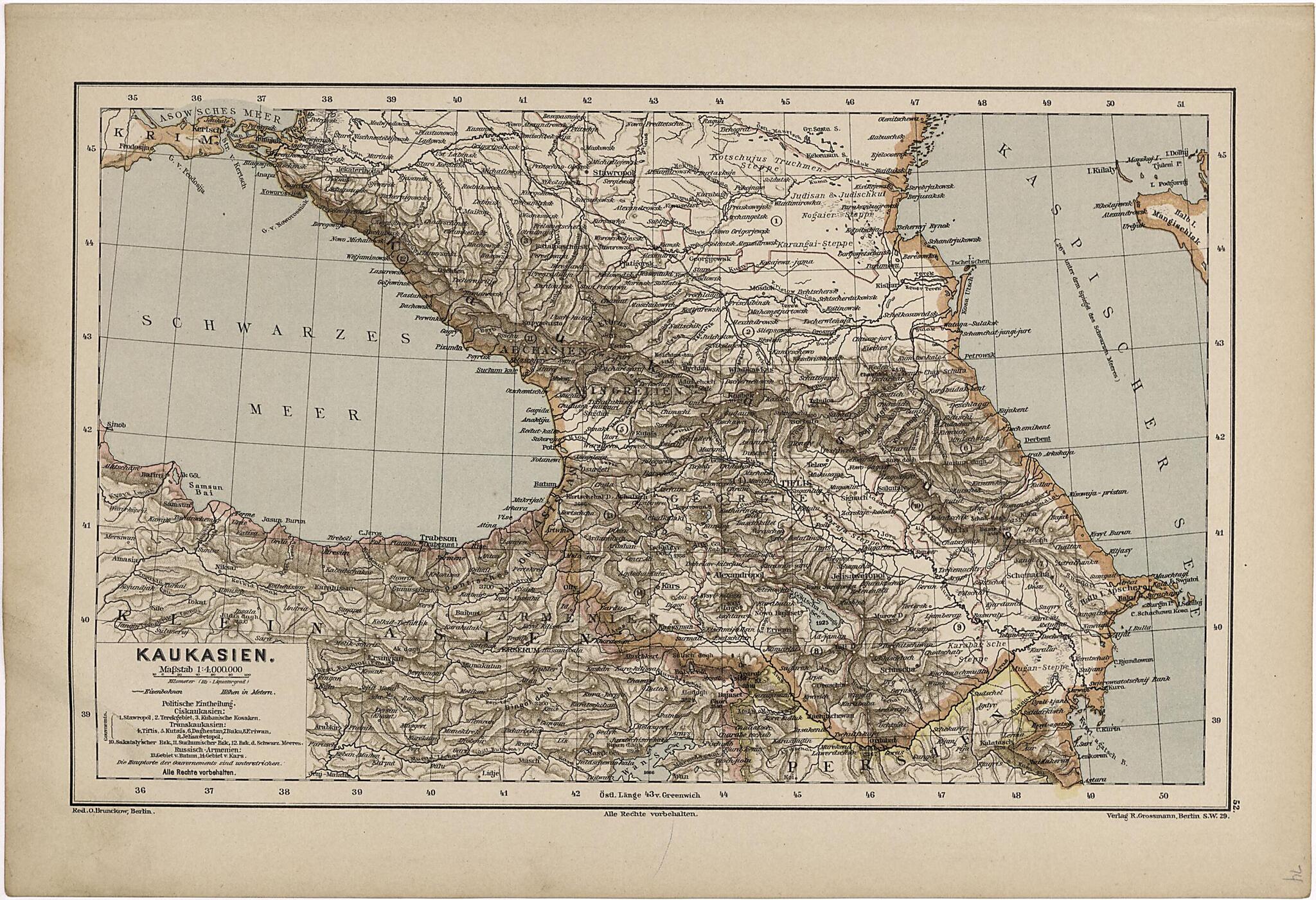 This old map of Kaukasien from Neuer Grosser Hand-Atlas from 1894 was created by Verlag Von R. Grossmann in 1894