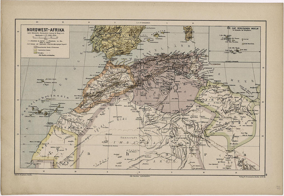 This old map of Nordwest-Afrika from Neuer Grosser Hand-Atlas from 1894 was created by Verlag Von R. Grossmann in 1894