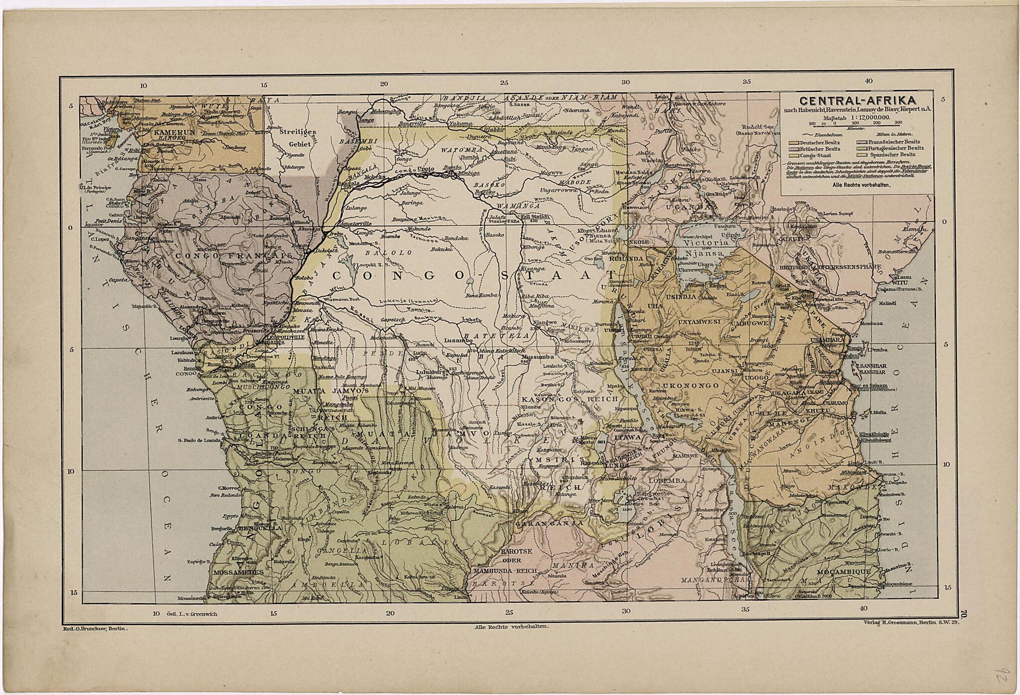 This old map of Central-Afrika from Neuer Grosser Hand-Atlas from 1894 was created by Verlag Von R. Grossmann in 1894