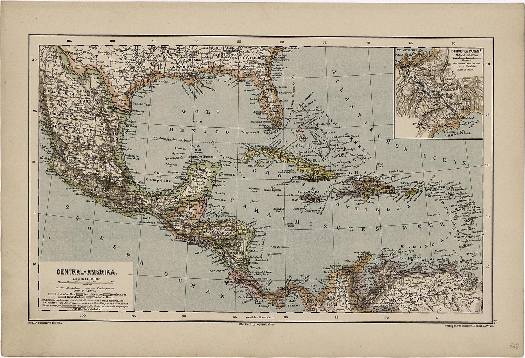 This old map of Central- Amerika from Neuer Grosser Hand-Atlas from 1894 was created by Verlag Von R. Grossmann in 1894