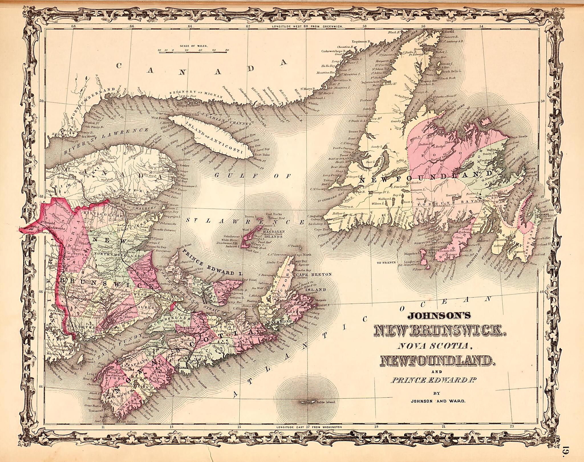 This old map of New Brunswick, Nova Scotia, Newfoundland, & Prince Edward Island from Family Atlas from 1862 was created by A. J. (Alvin Jewett) Johnson in 1862