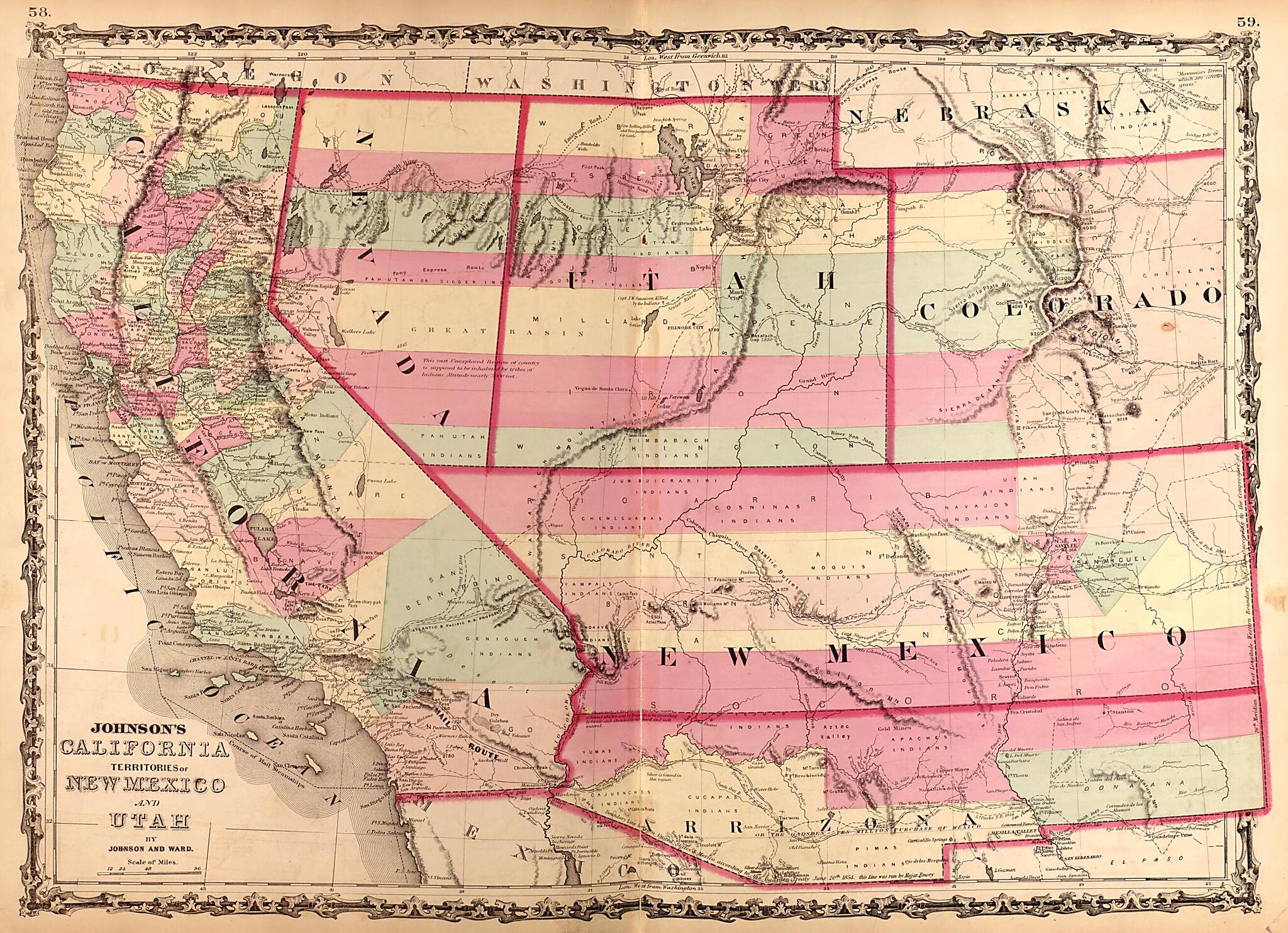 This old map of California, New Mexico, and Utah from Family Atlas from 1862 was created by A. J. (Alvin Jewett) Johnson in 1862