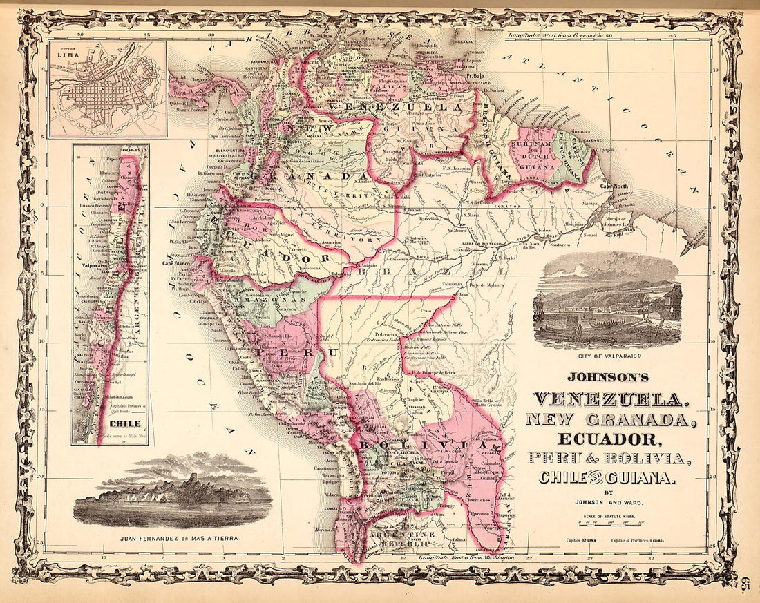 This old map of Venezuela, New Granada, Ecuador,Peru & Bolivia, Chile & Guiana from Family Atlas from 1862 was created by A. J. (Alvin Jewett) Johnson in 1862