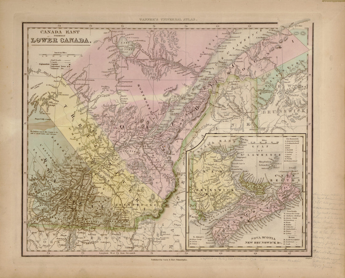 This hand drawn map of Canada East, Formerly Lower Canada from Tanner&