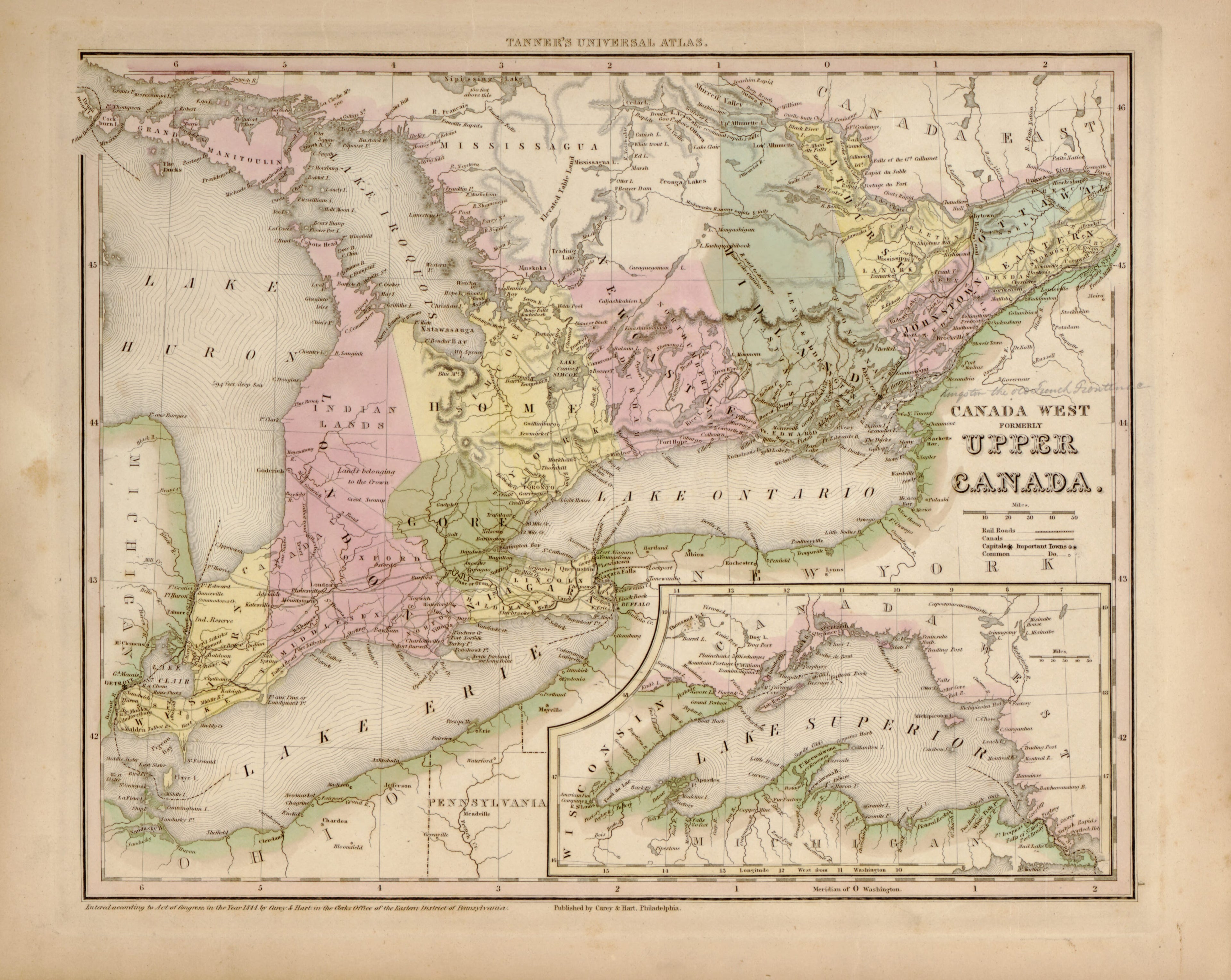 This hand drawn map of Canada West, Formerly Upper Canada from Tanner&