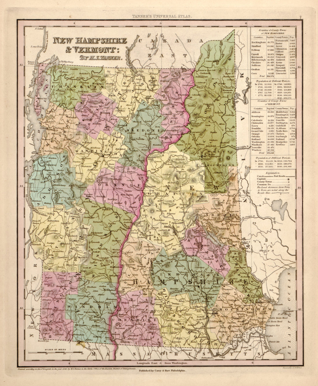 This hand drawn map of New Hampshire and Vermont from Tanner&