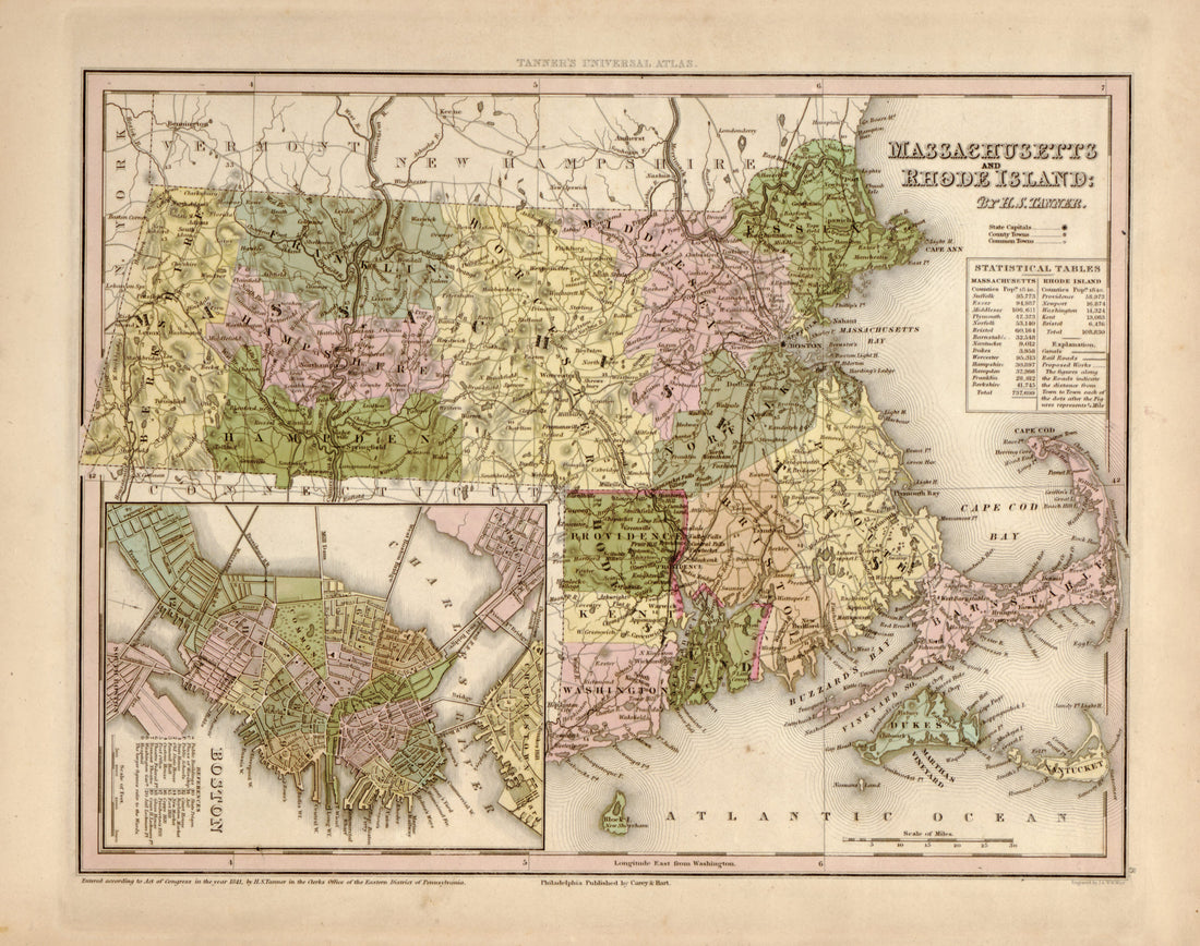This hand drawn map of Massachusetts and Rhode Island from Tanner&
