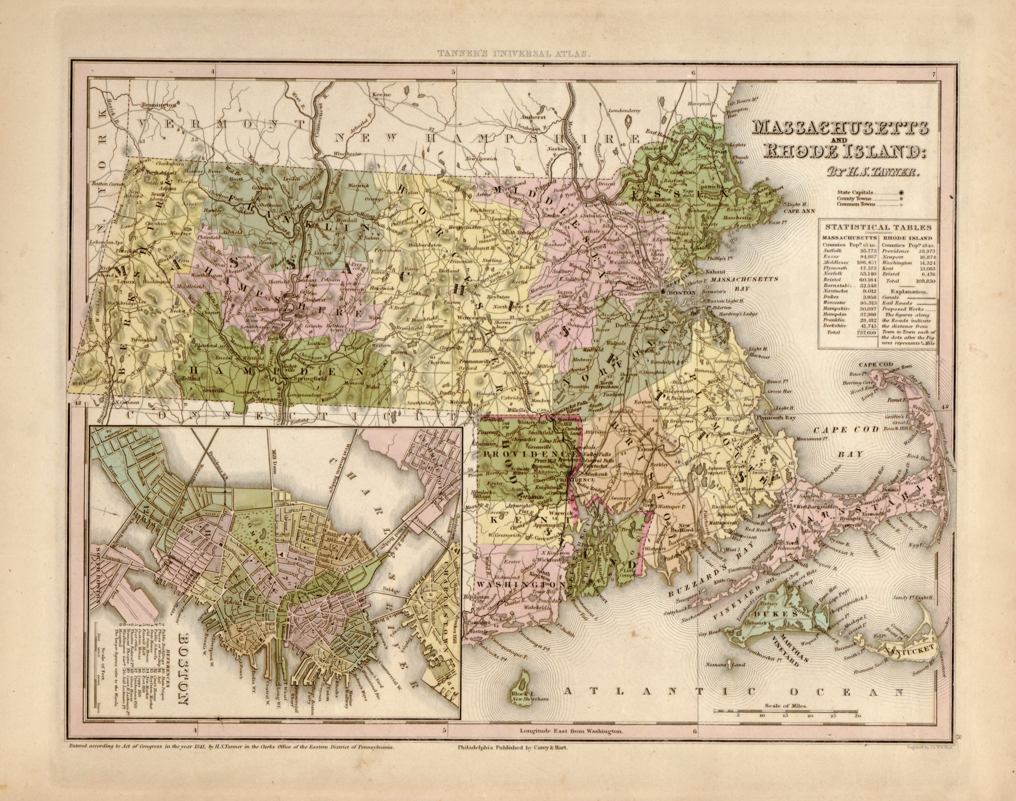 This hand drawn map of Massachusetts and Rhode Island from Tanner&