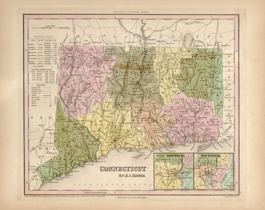 This hand drawn map of Connecticut from Tanner&