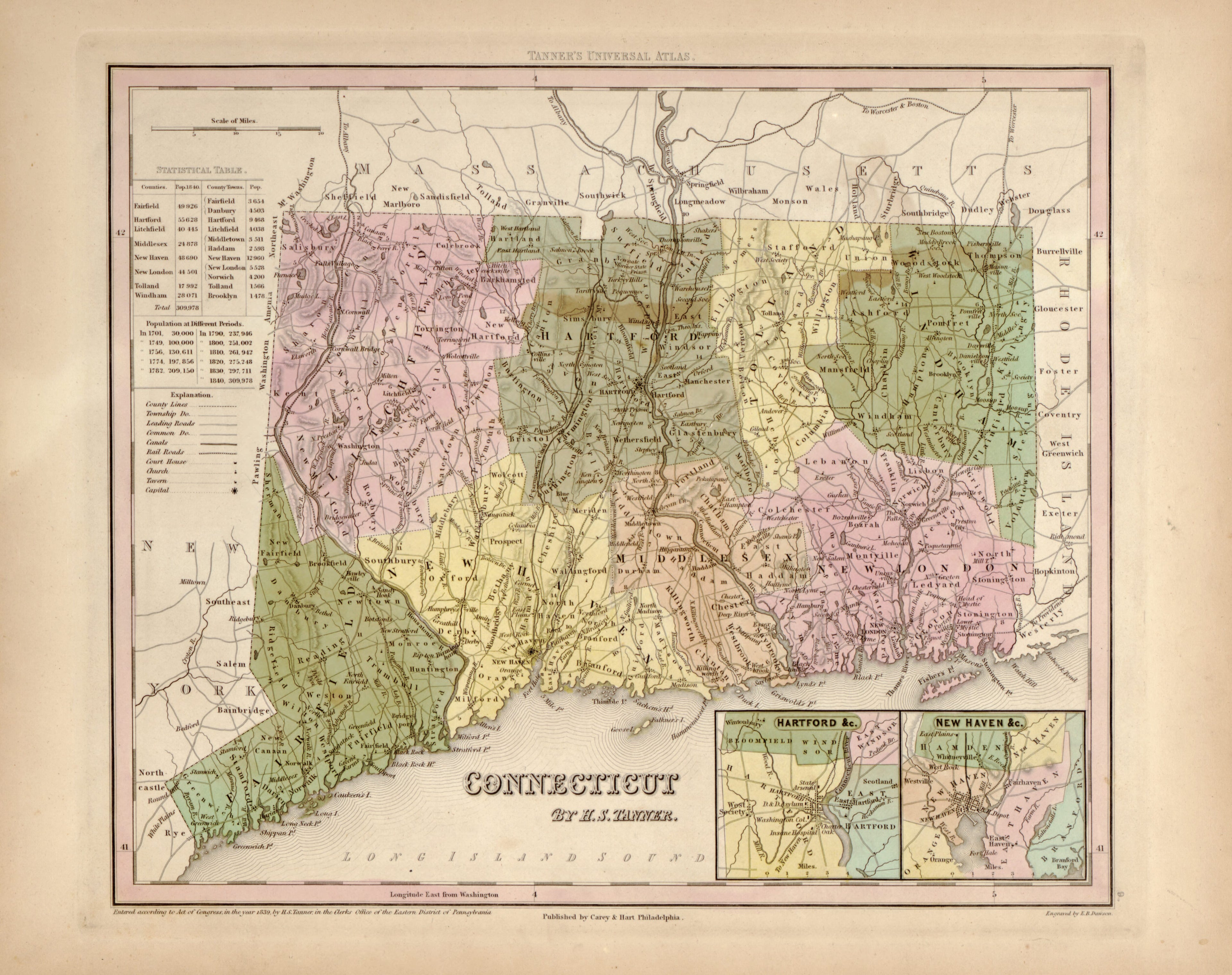 This hand drawn map of Connecticut from Tanner&