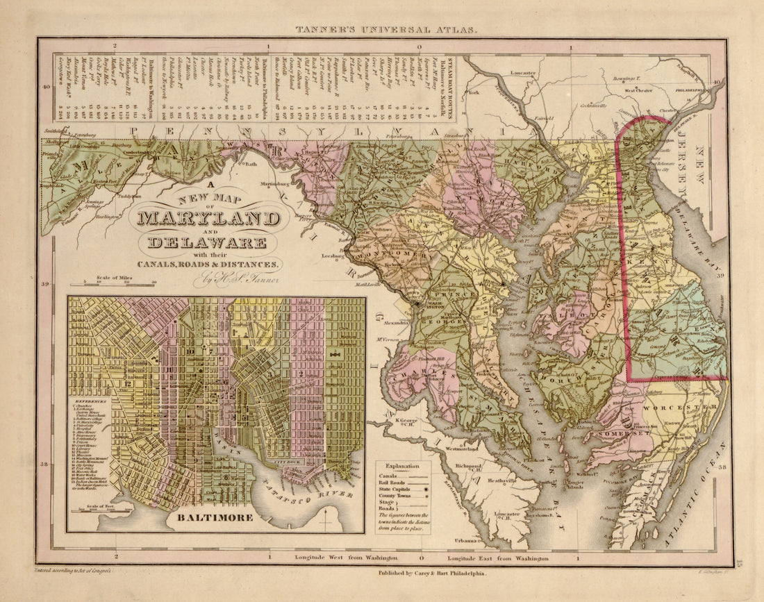 This hand drawn map of Maryland and Delaware from Tanner&