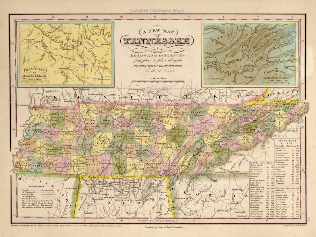 This hand drawn map of Tennessee from Tanner&