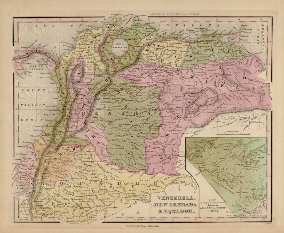 This hand drawn map of Venezuela, New Granada, and Ecuador from Tanner&