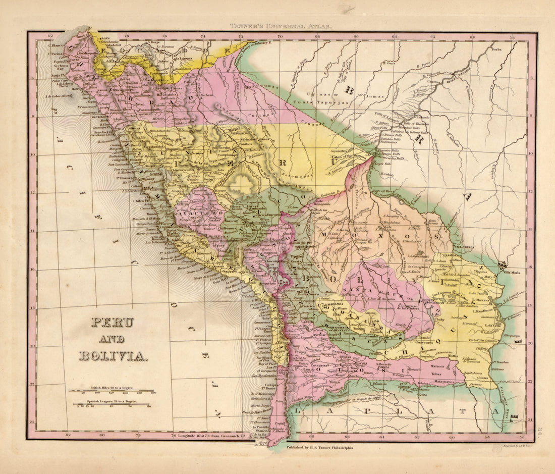 This hand drawn map of Peru and Bolivia from Tanner&