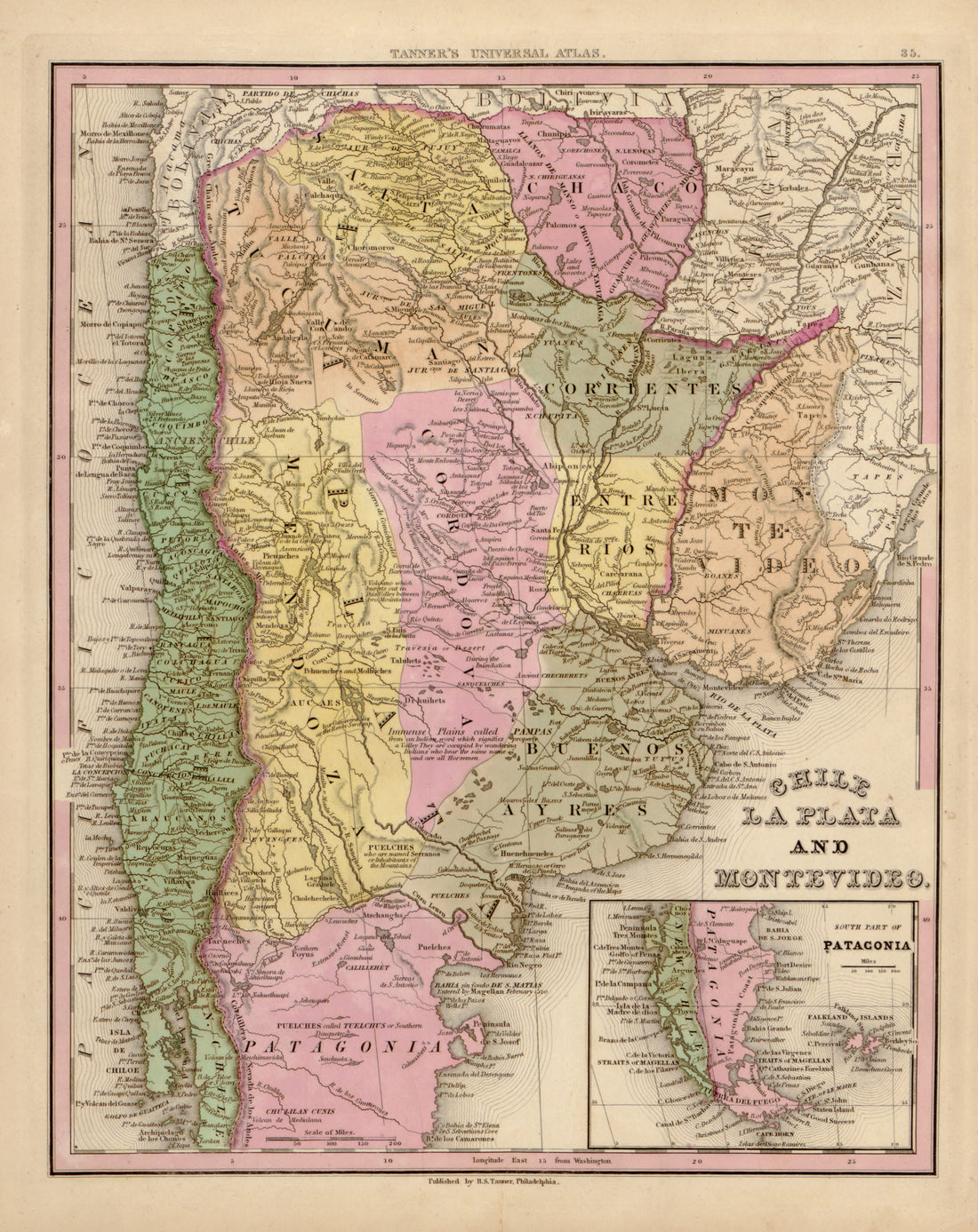 This hand drawn map of Chile, La Plata and Montevideo from Tanner&