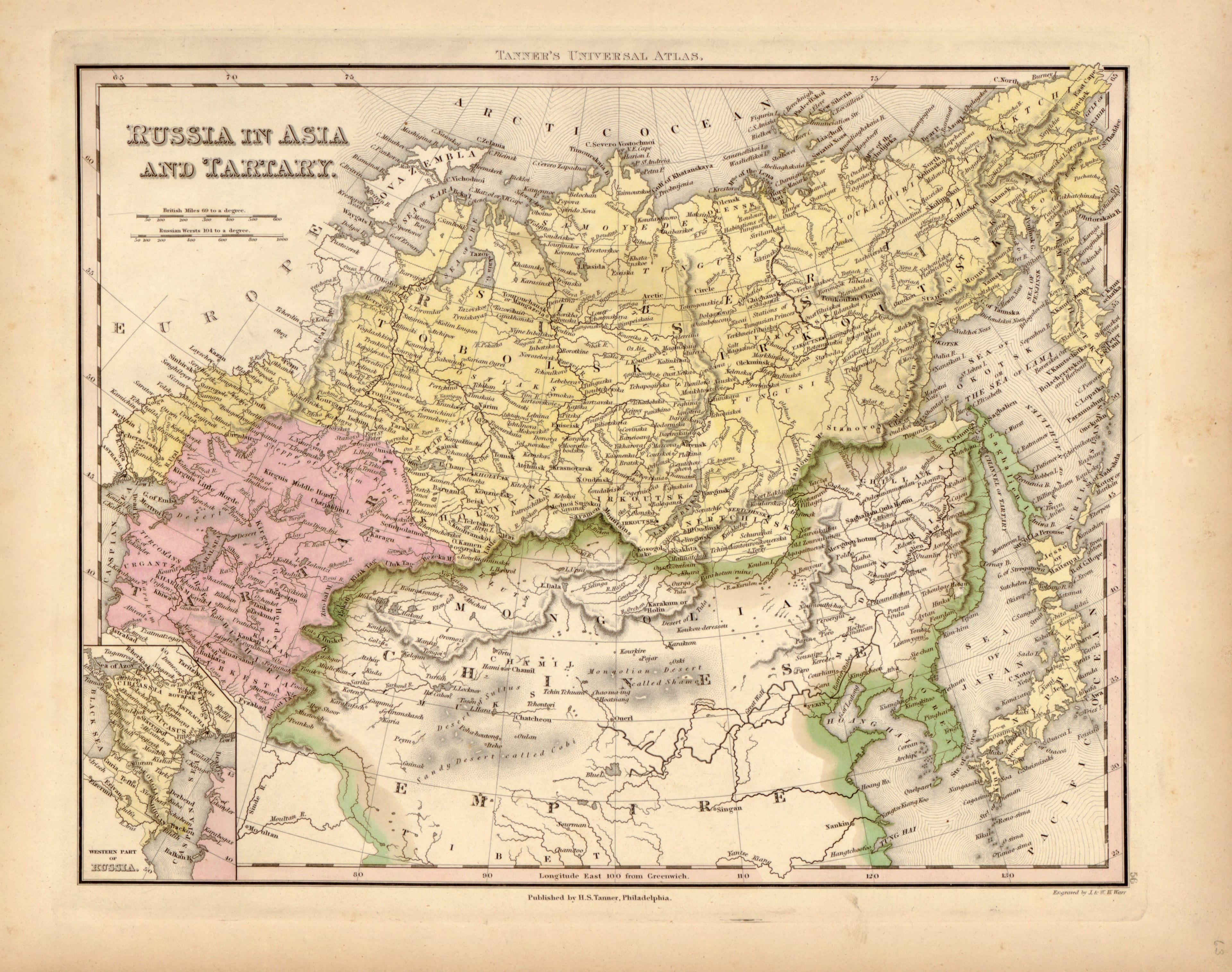 This hand drawn map of Russia, In Asia and Tartary from Tanner&