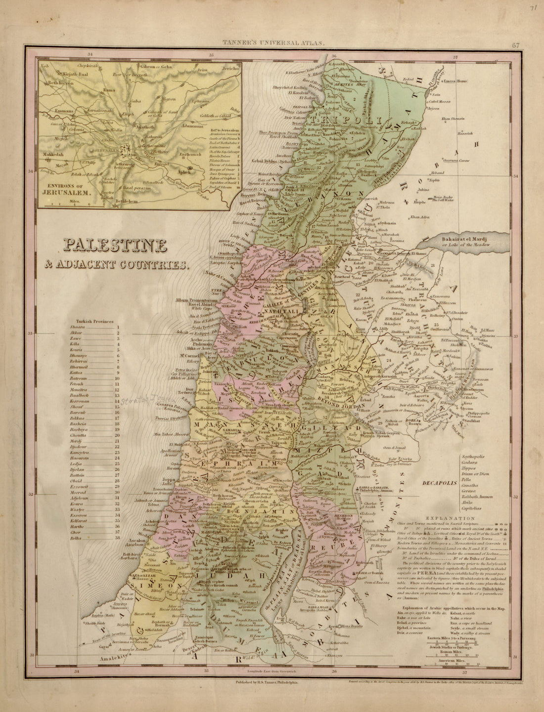 This hand drawn map of Palestine and Adjacent Countries from Tanner&