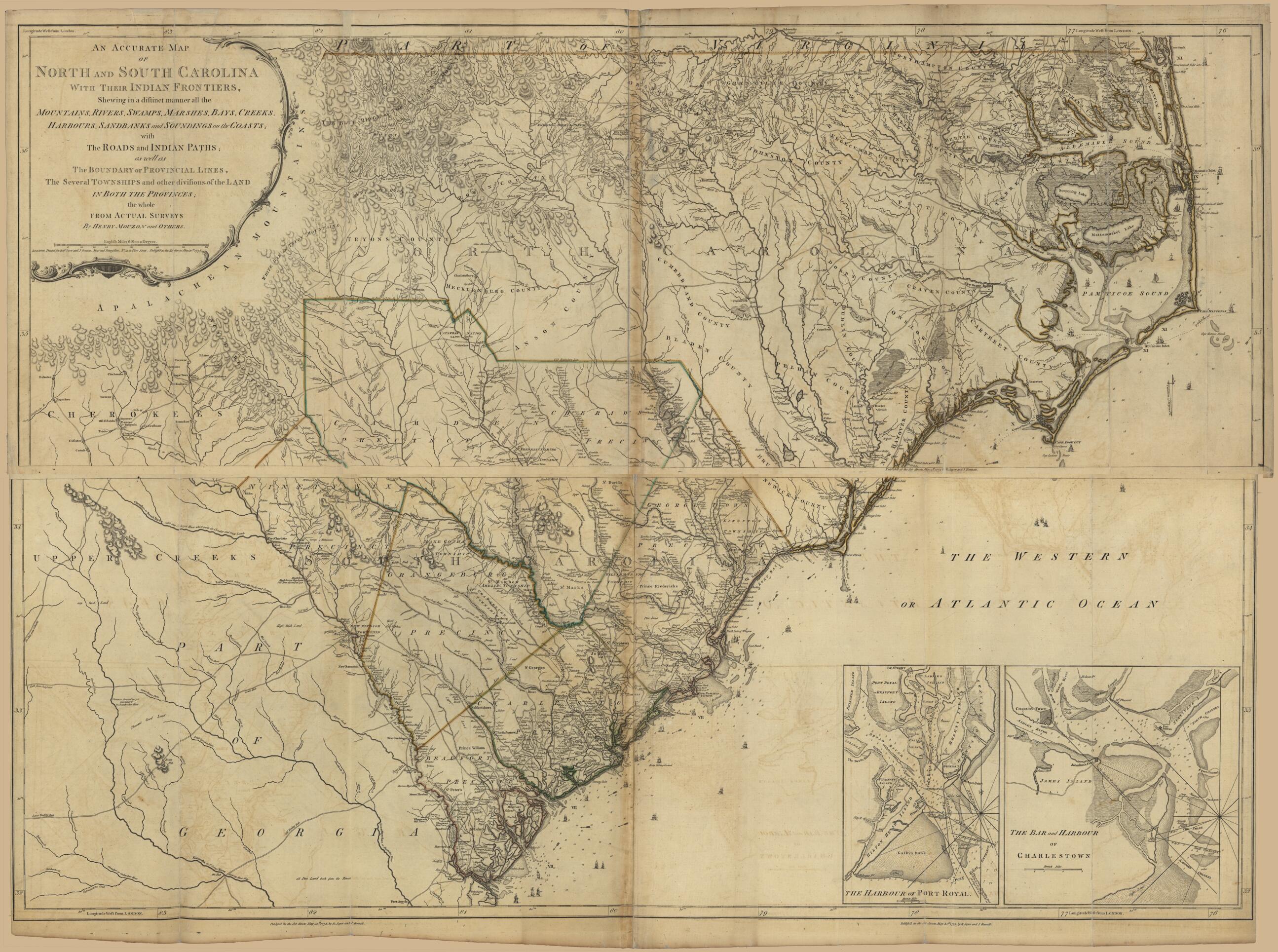 This old map of An Accurate Map of North and South Carolina from the North American Atlas, Selected from the Most Authentic Maps, Charts, Plans, &c. Hitherto Published. from 1777 was created by Thomas Jefferys in 1777