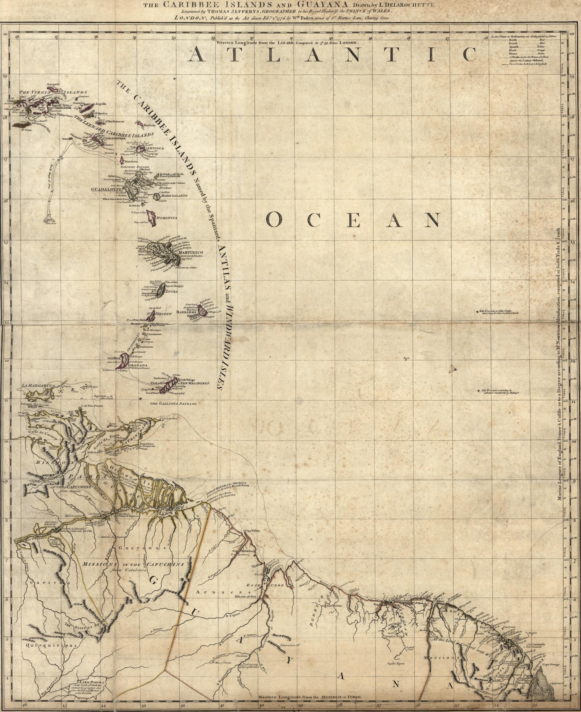 This old map of The Caribee Islands and Guyana from the North American Atlas, Selected from the Most Authentic Maps, Charts, Plans, &c. Hitherto Published. from 1777 was created by Thomas Jefferys in 1777